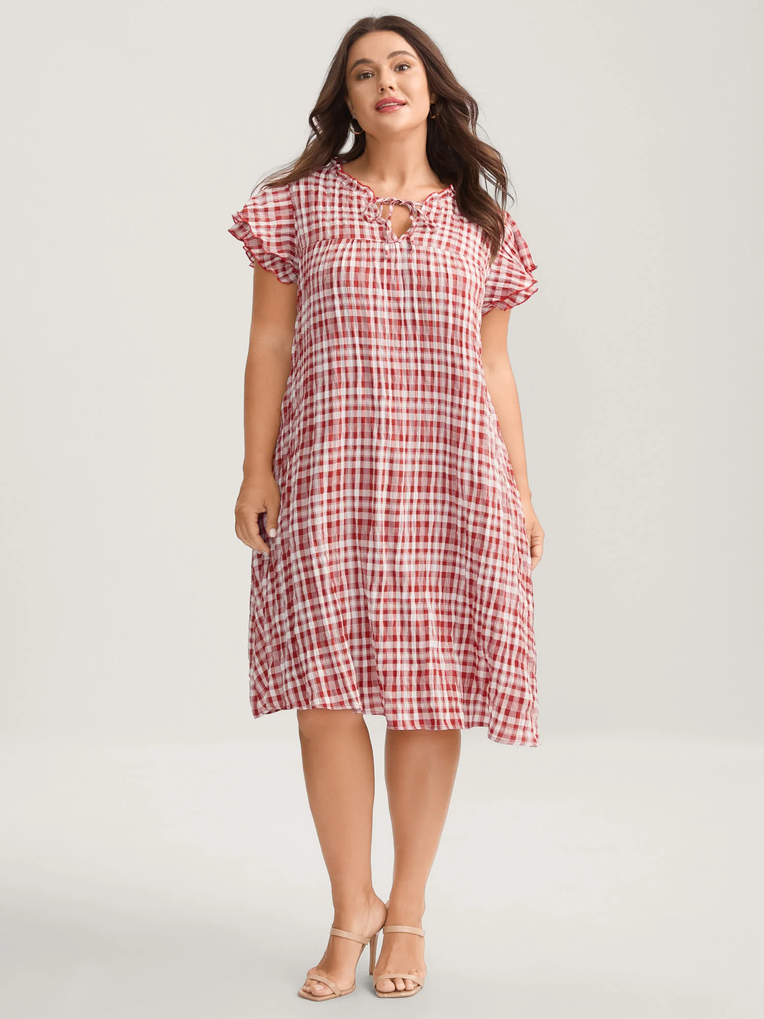 Sweet Plaid Pattern Pockets Mini Dress - Image 3