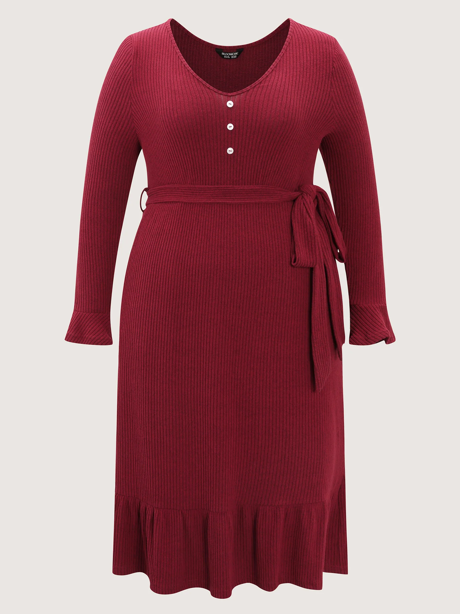 Textured Belted Waist Button Midi Dress - Image 8