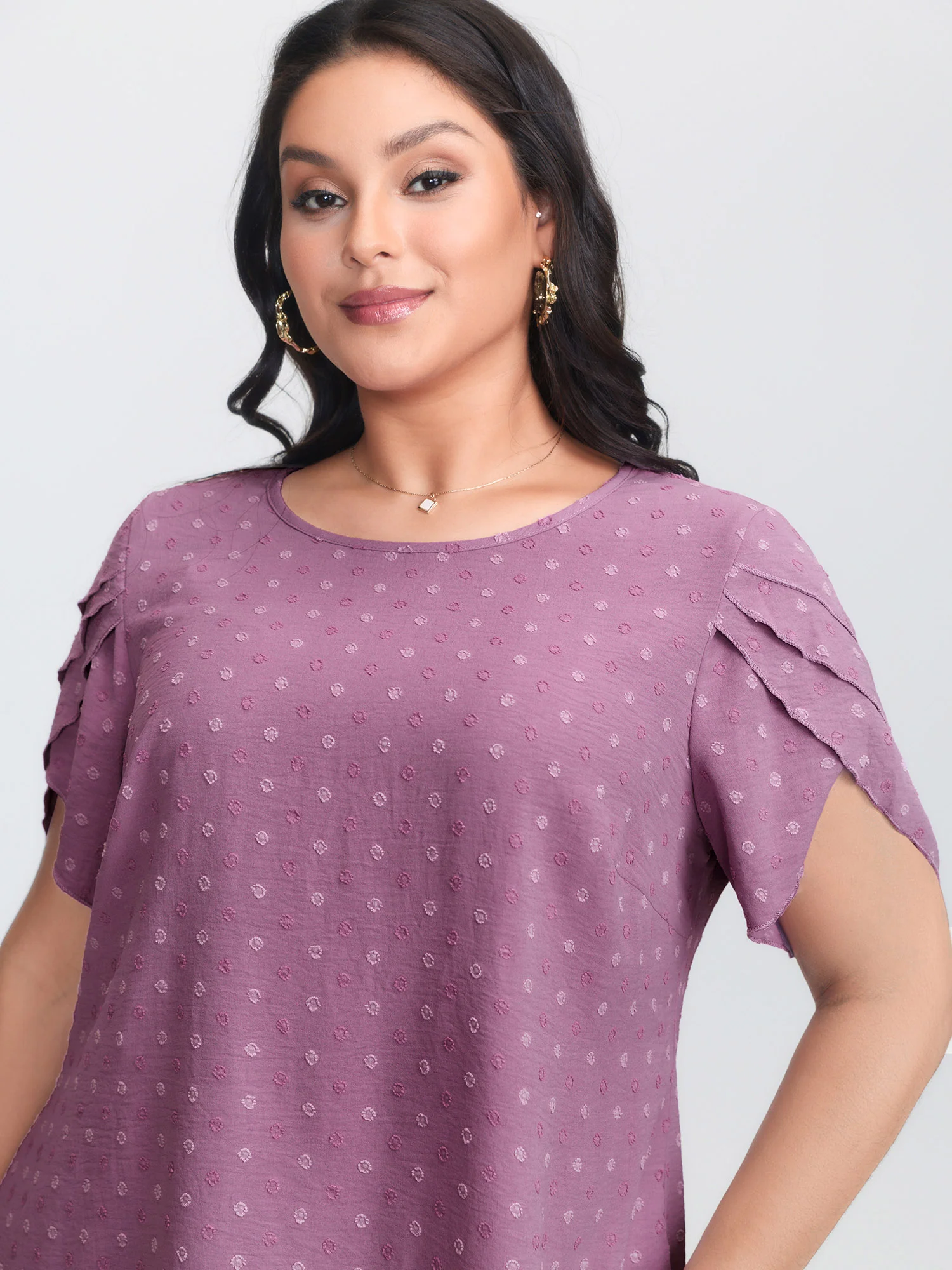 Textured Color Contrast Petal Sleeve Blouse - Image 16