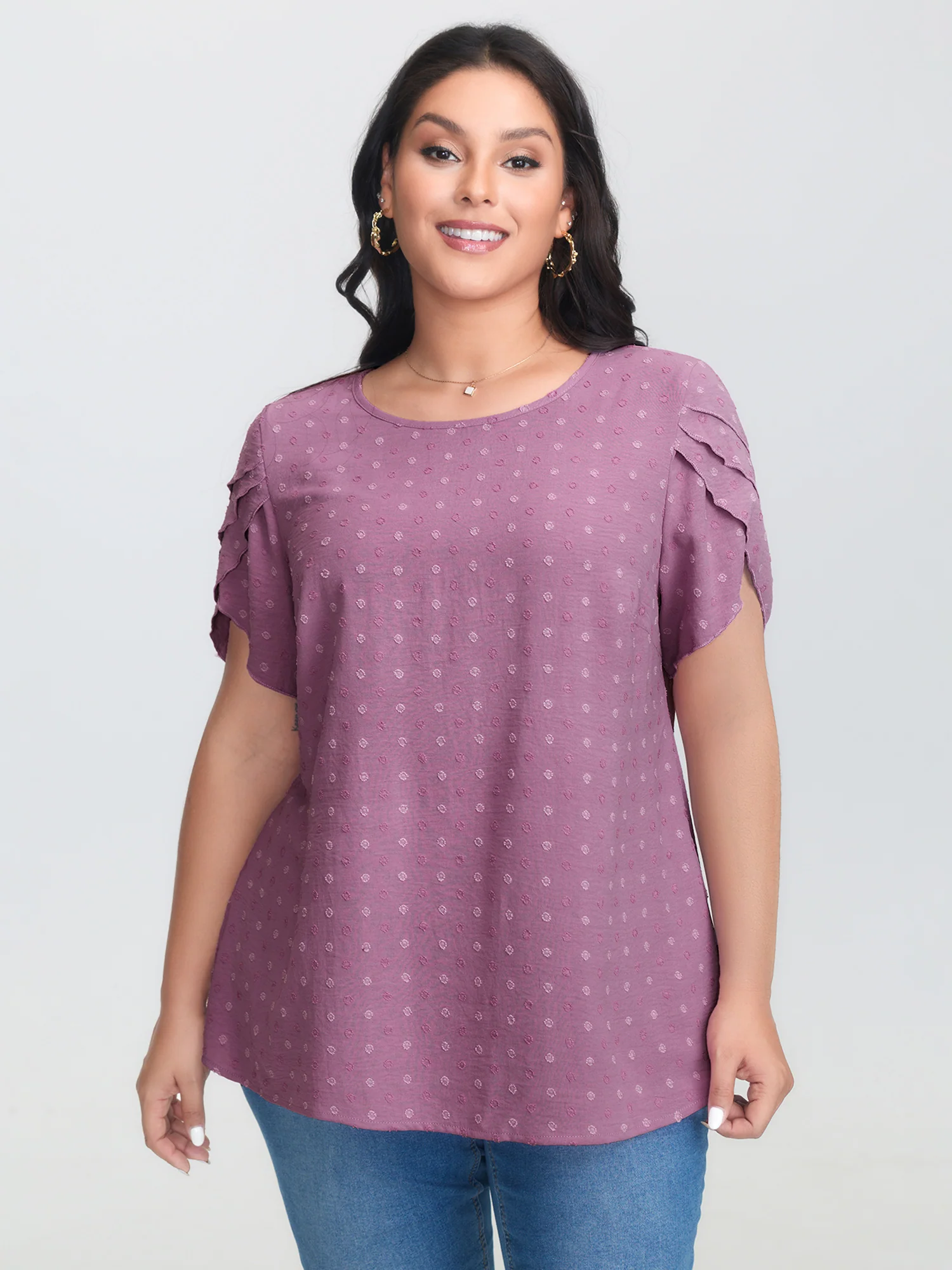 Textured Color Contrast Petal Sleeve Blouse - Image 17
