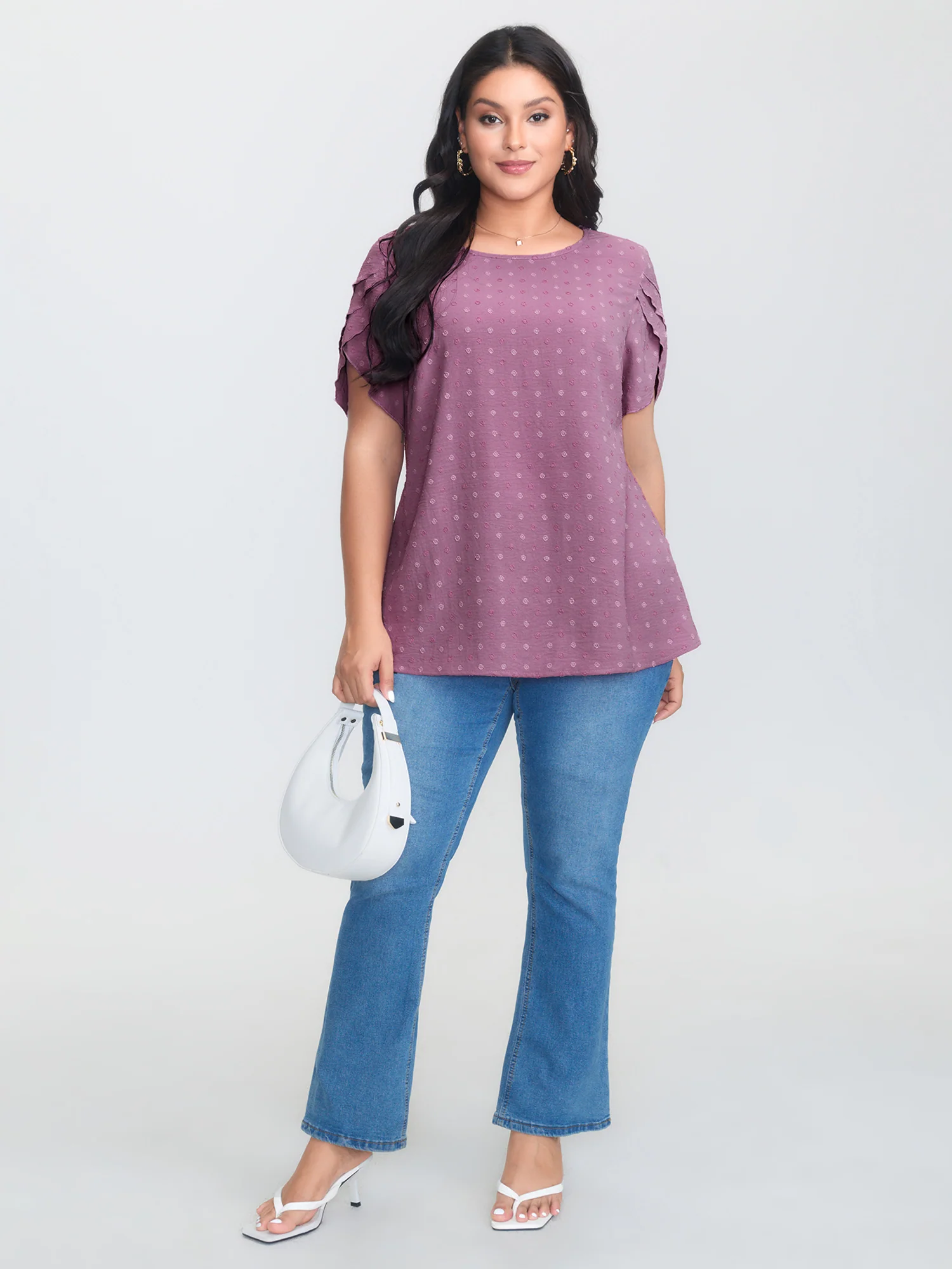 Textured Color Contrast Petal Sleeve Blouse - Image 18