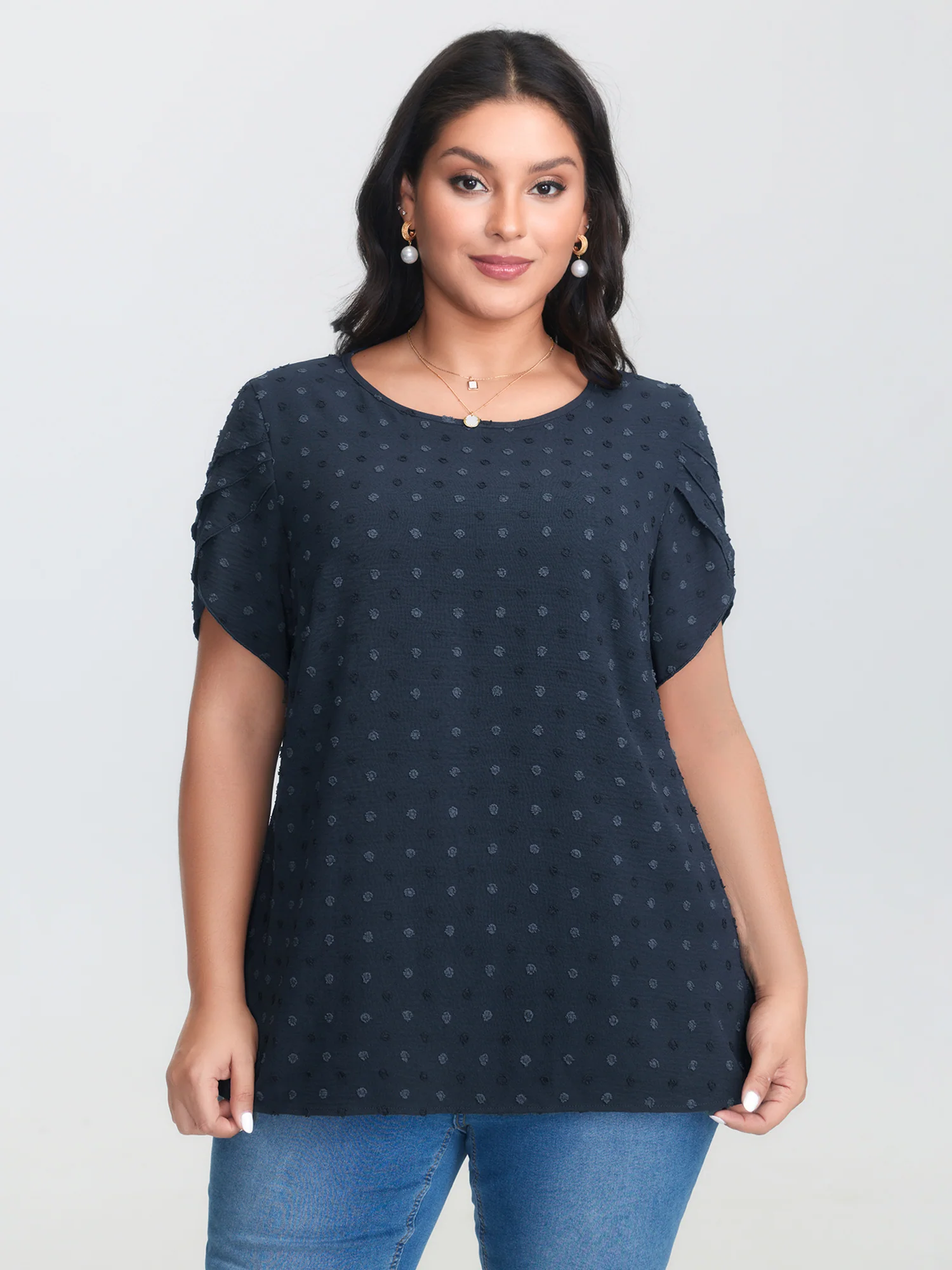 Textured Color Contrast Petal Sleeve Blouse - Image 5