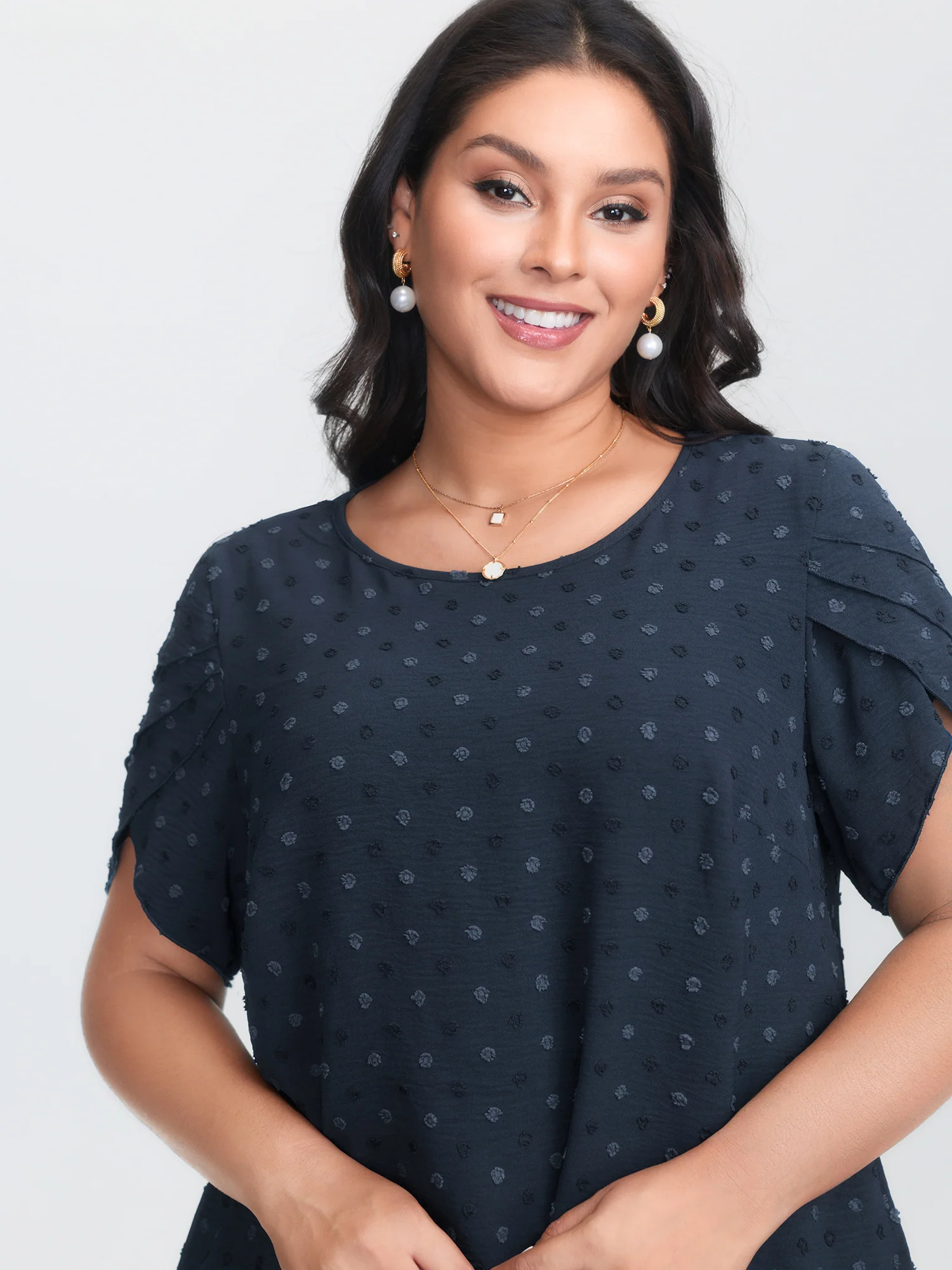 Textured Color Contrast Petal Sleeve Blouse - Image 6