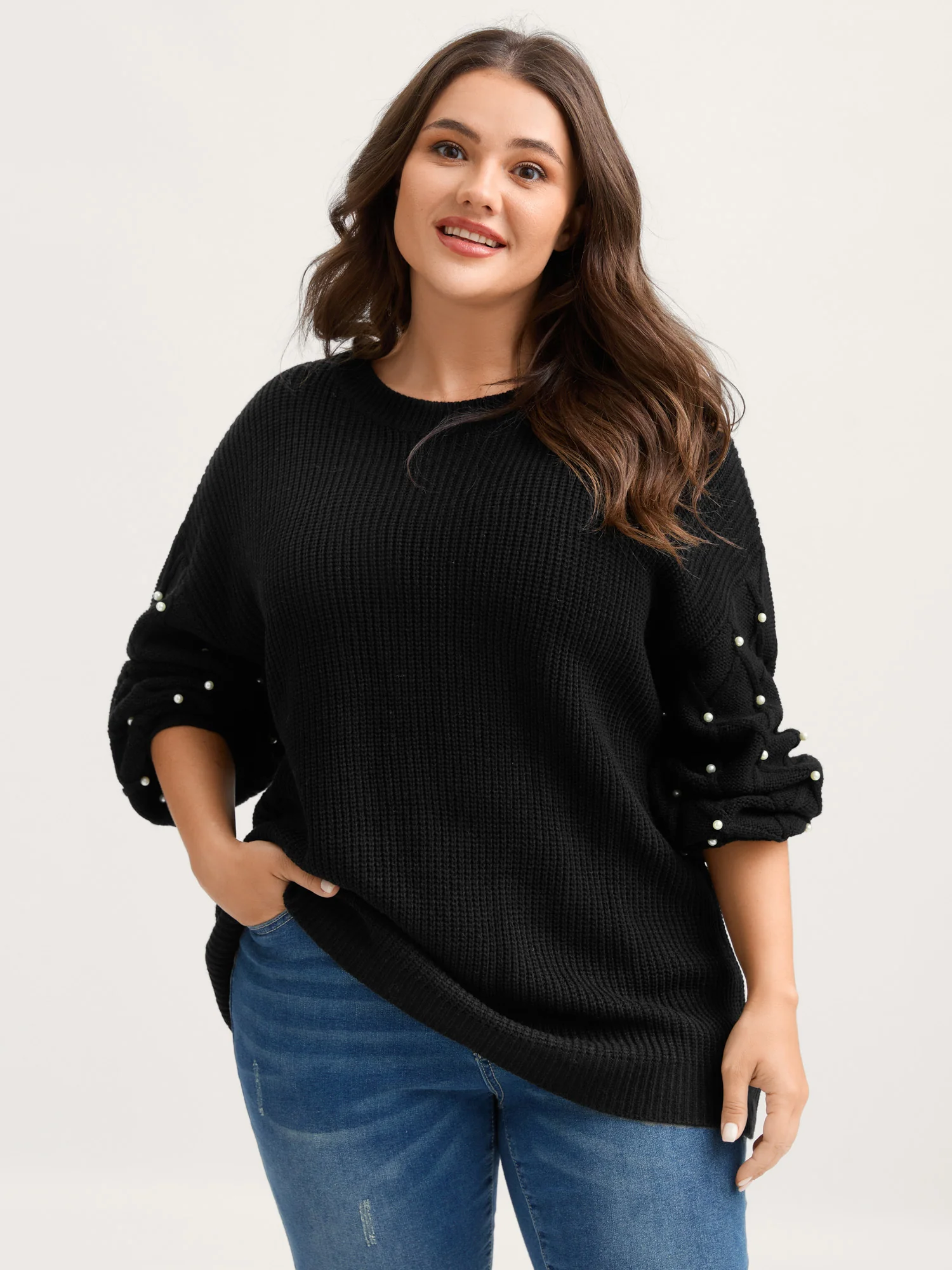 Textured Pearl Detail Drop Shoulder Pullover - Image 4