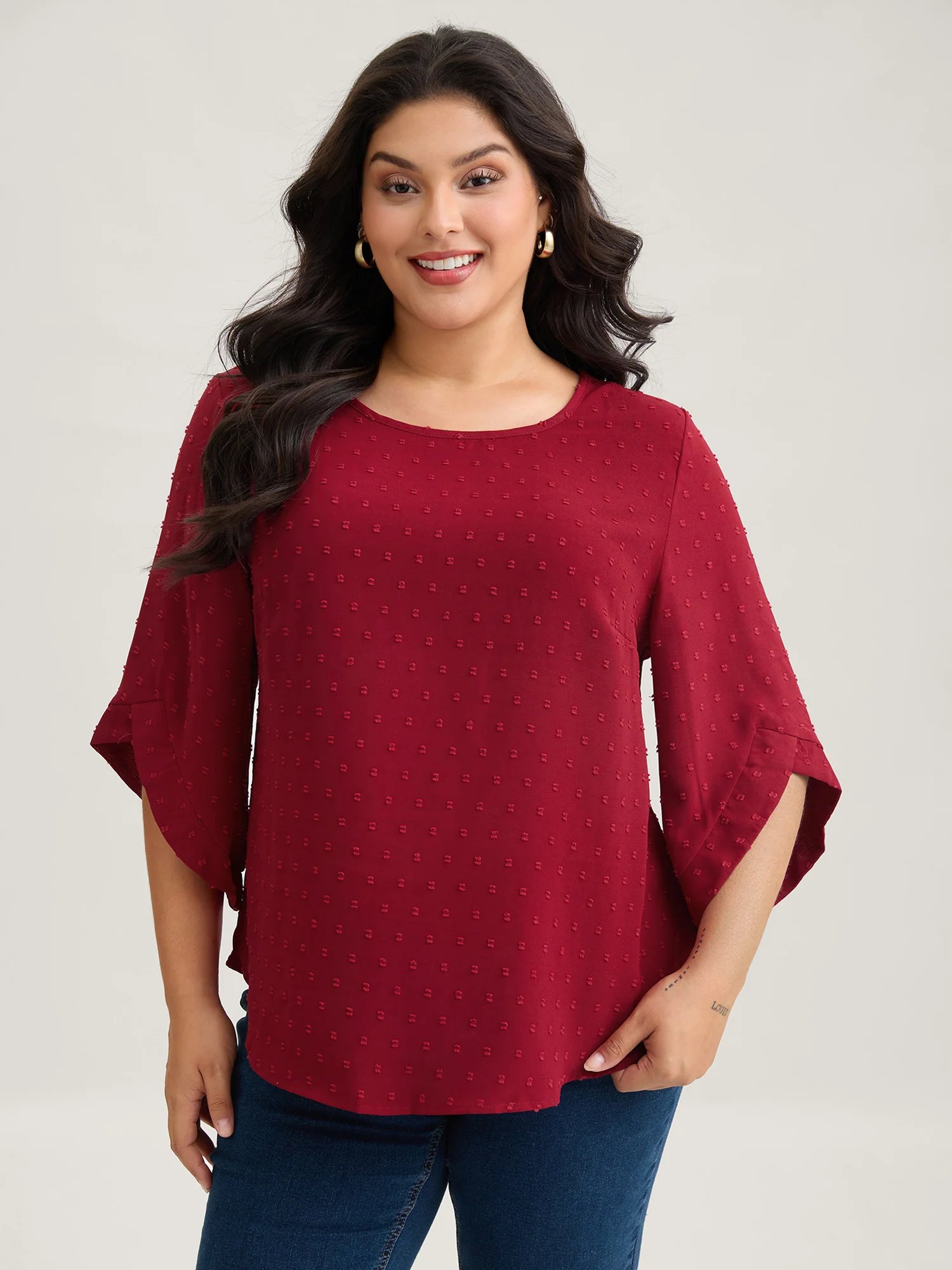 Textured Round Neck Bell Sleeve Blouse - Image 12