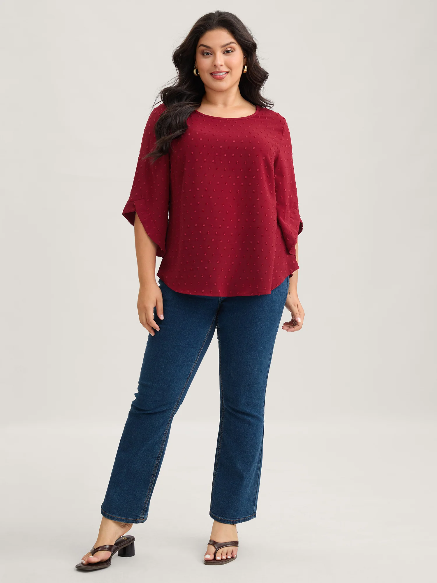 Textured Round Neck Bell Sleeve Blouse - Image 13