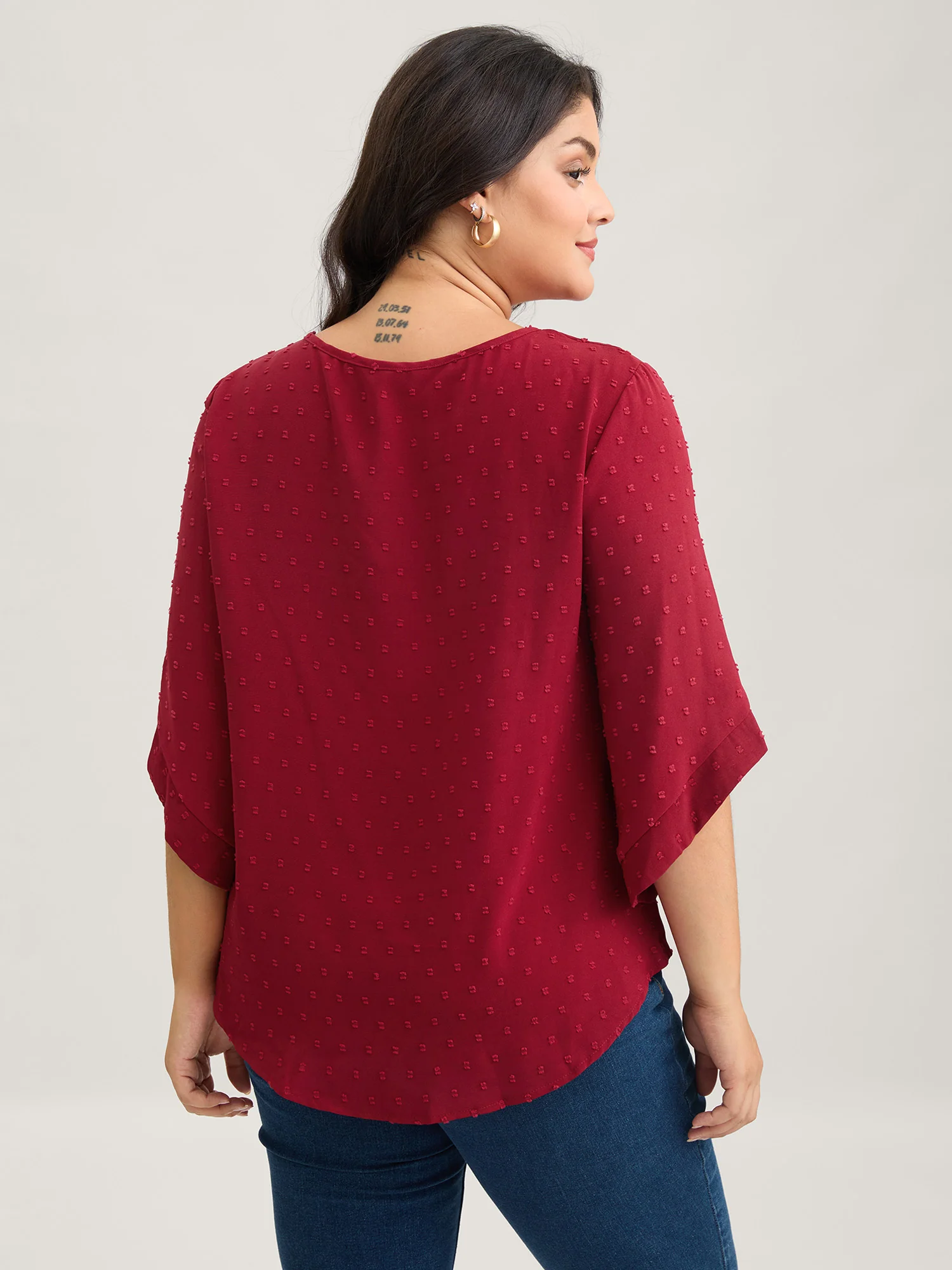 Textured Round Neck Bell Sleeve Blouse - Image 14