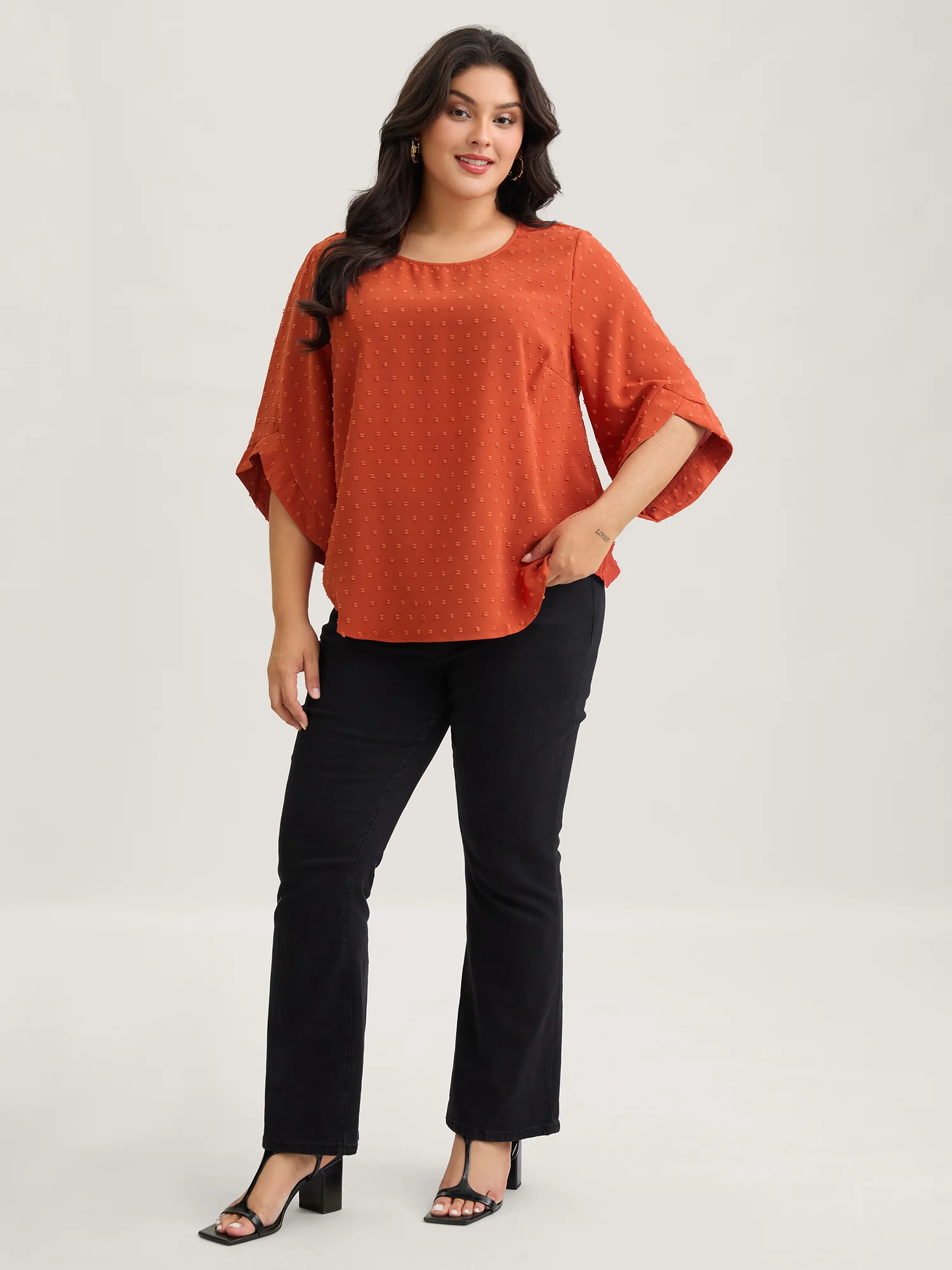 Textured Round Neck Bell Sleeve Blouse - Image 7