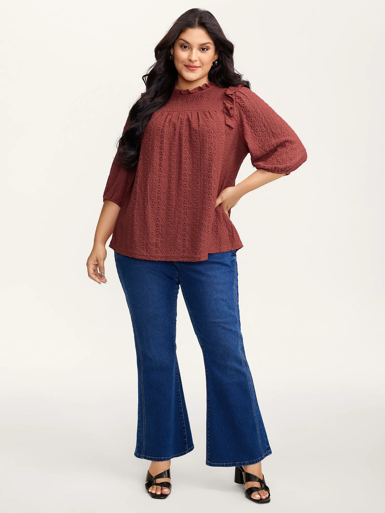 Textured Ruffled Neck Pleated Blouse - Image 3