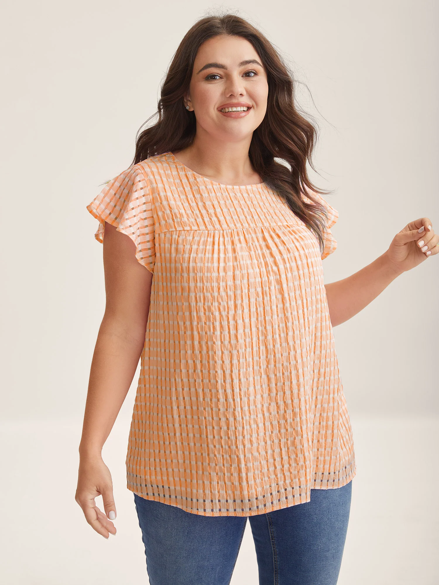 Textured Sheer Lined Flutter Sleeve Blouse - Image 12