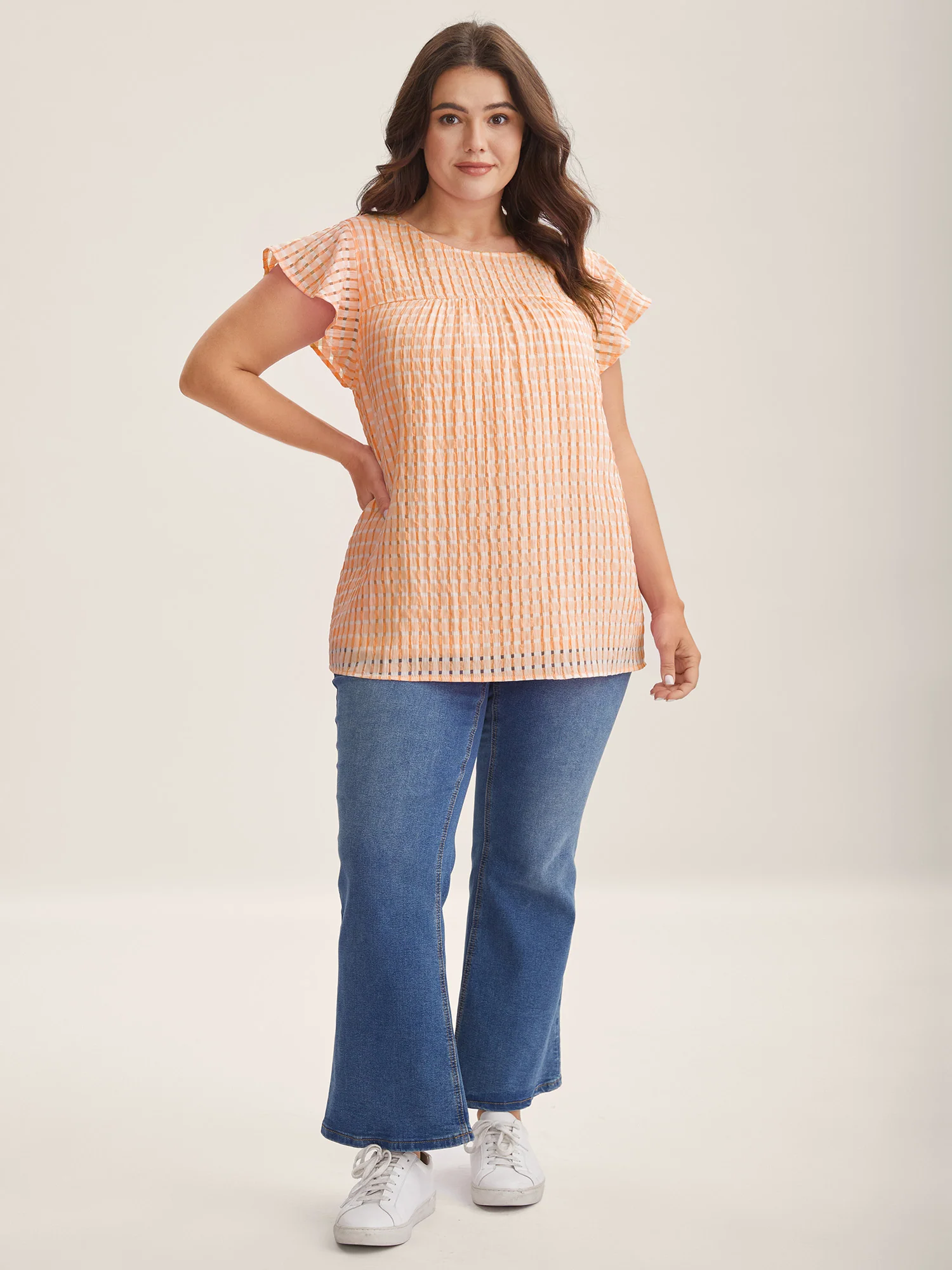 Textured Sheer Lined Flutter Sleeve Blouse - Image 14