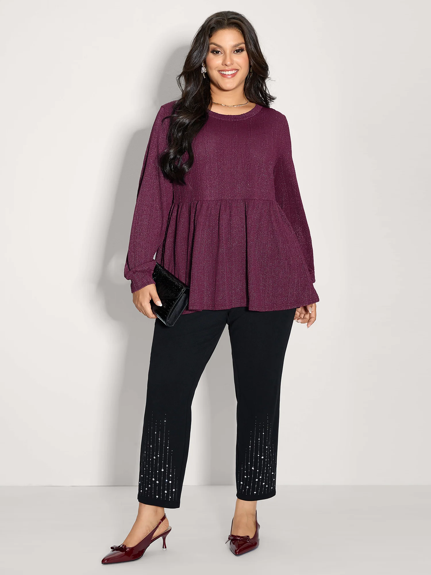 Textured Stretchy Flared Knit Top - Image 7