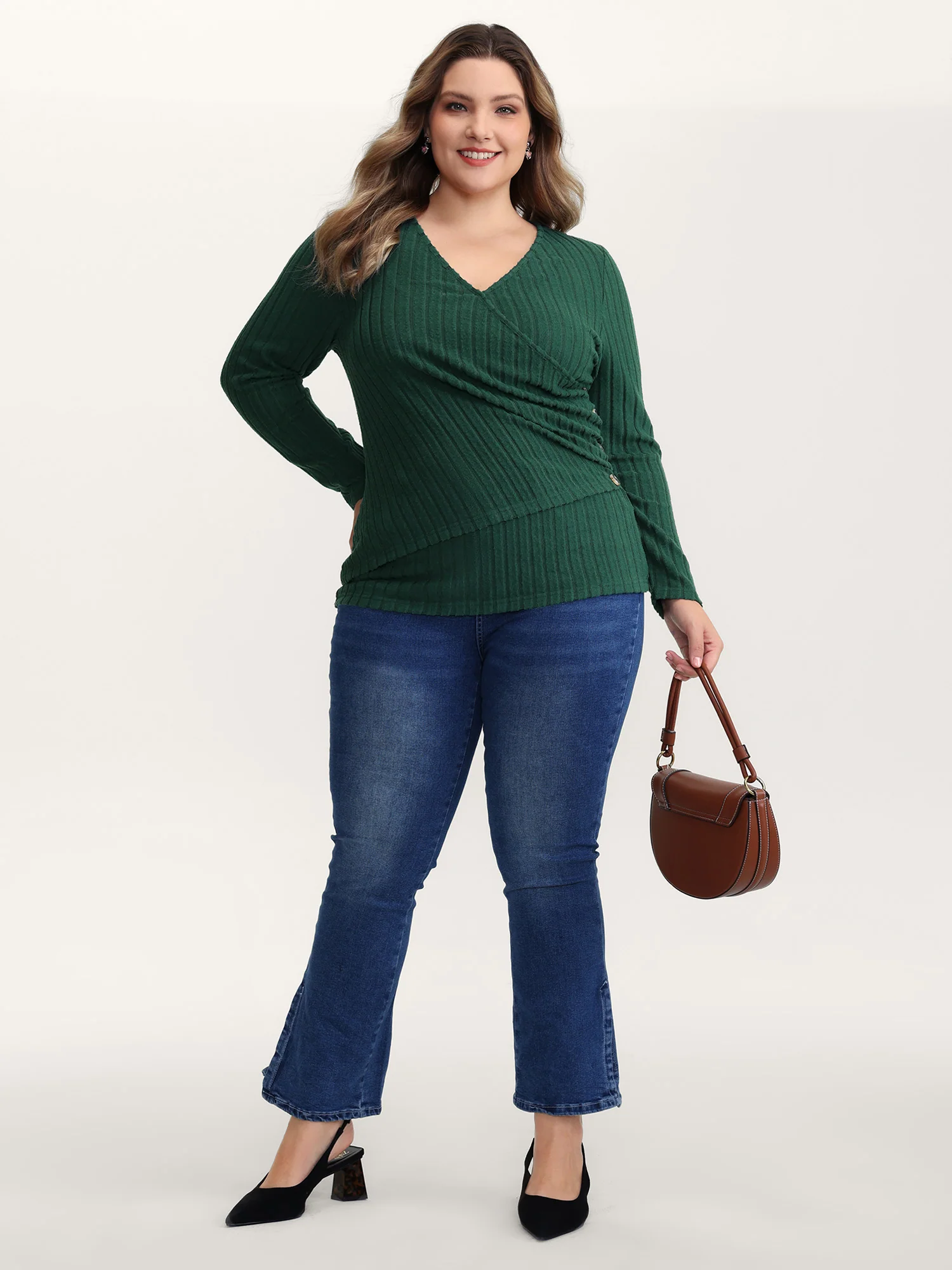 Textured Wrap Button Detail Knit Top - Image 3