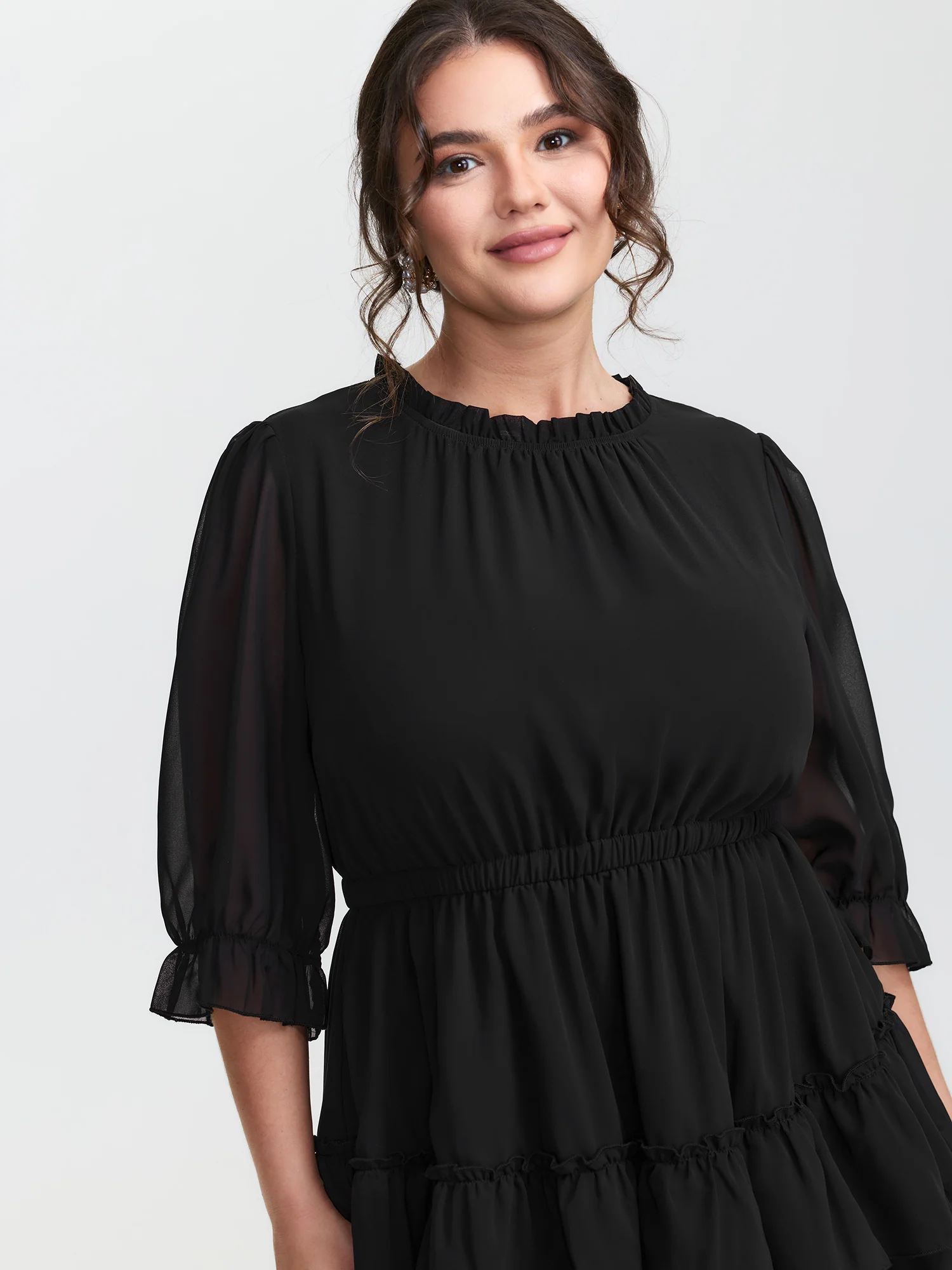 Three-Quarter Sleeve Tulle Skirt Knee-Length Dress - Image 2