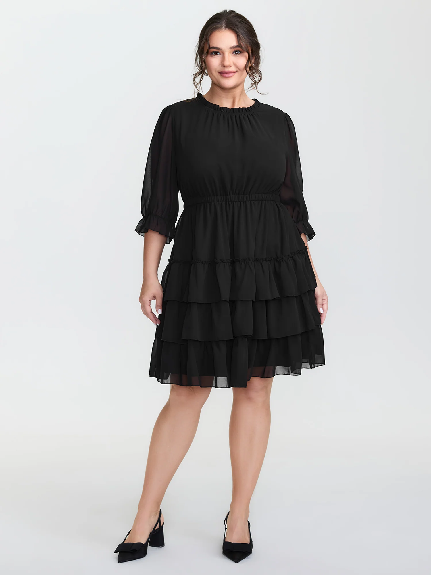 Three-Quarter Sleeve Tulle Skirt Knee-Length Dress - Image 3