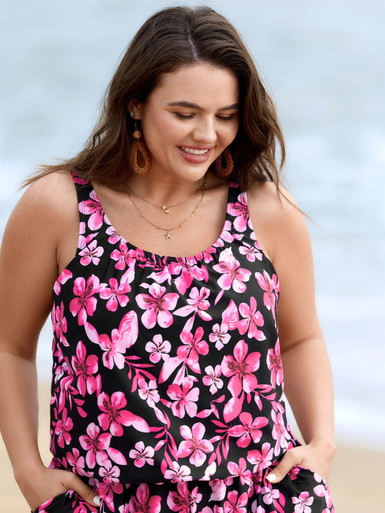 Tropical Flower Print Pockets One-Piece Swimsuit - Image 11