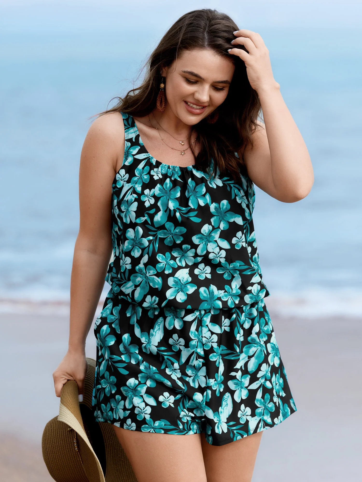 Tropical Flower Print Pockets One-Piece Swimsuit - Image 19