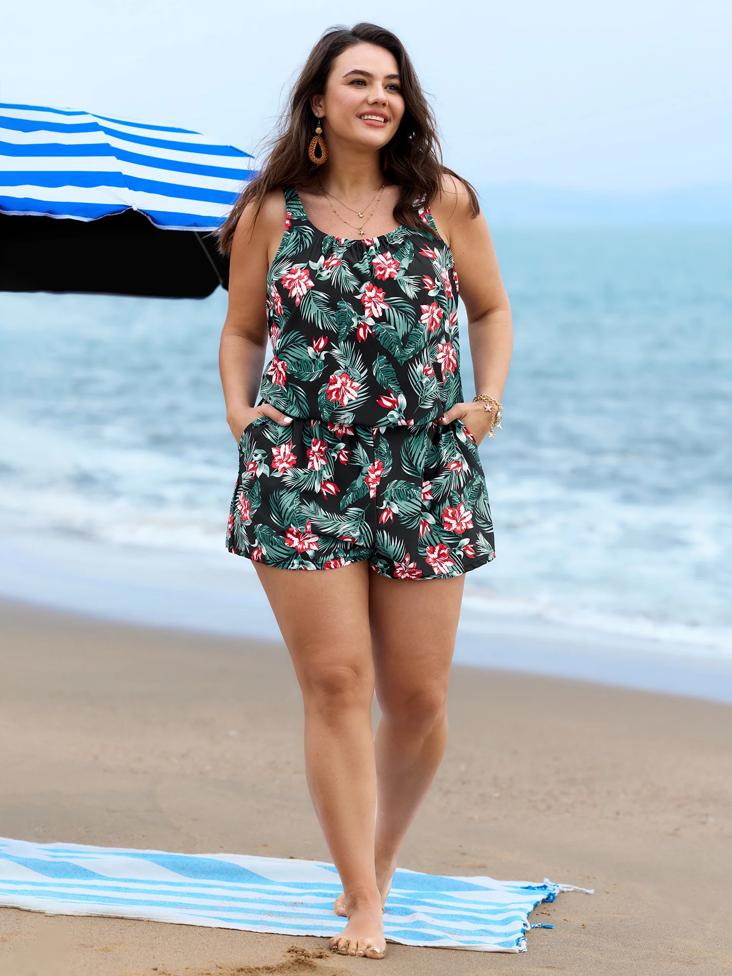 Tropical Flower Print Pockets One-Piece Swimsuit - Image 48