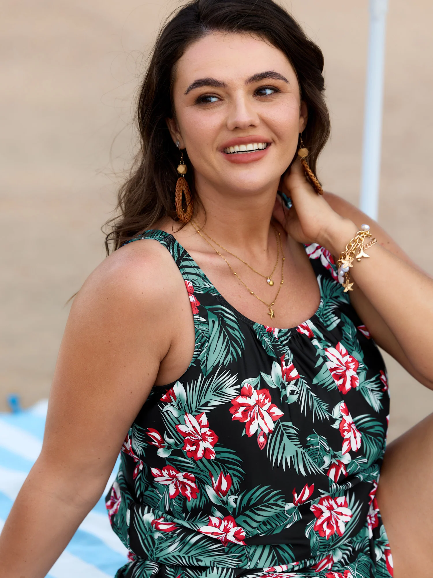 Tropical Flower Print Pockets One-Piece Swimsuit - Image 49