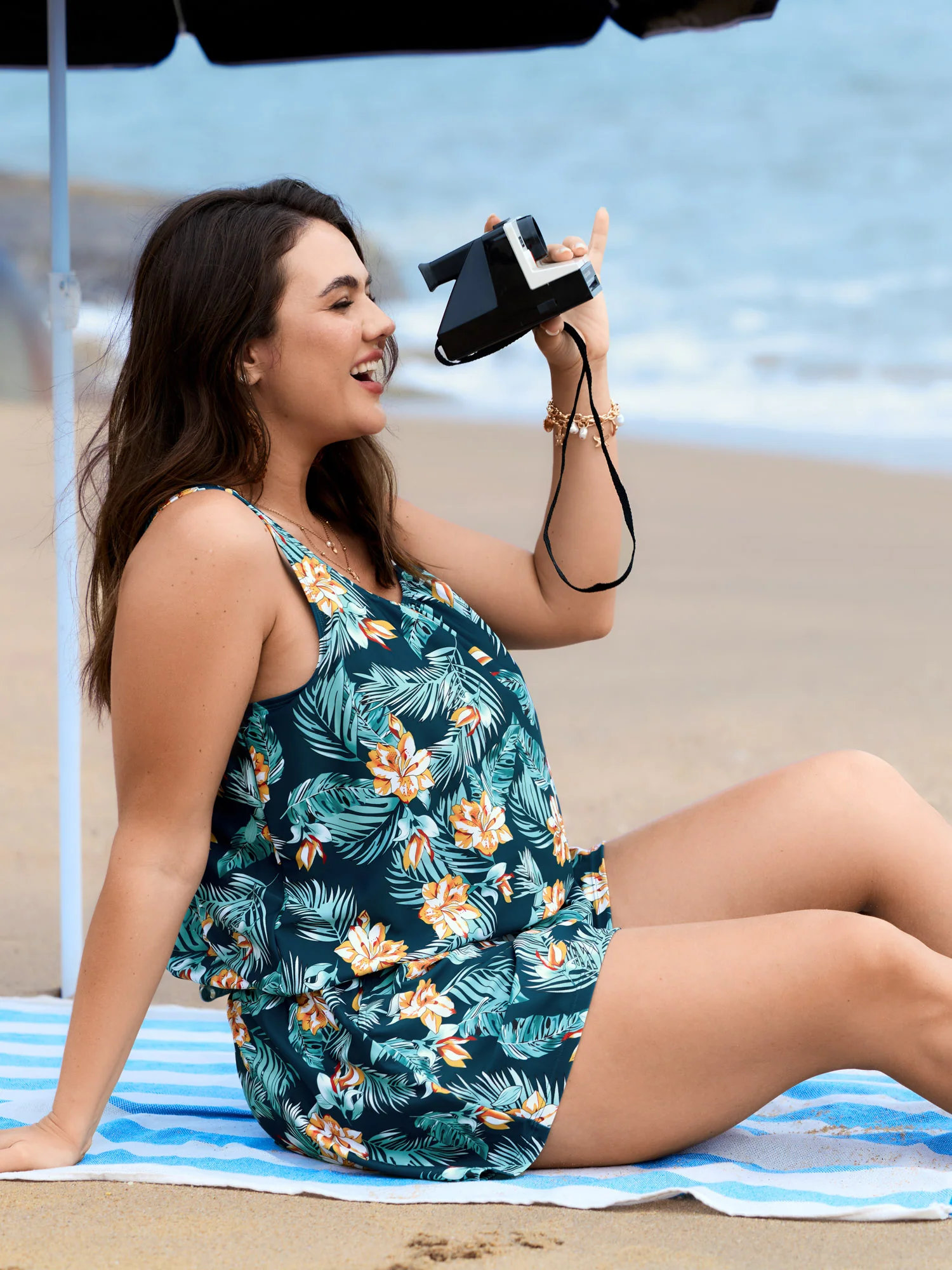 Tropical Flower Print Pockets One-Piece Swimsuit - Image 75