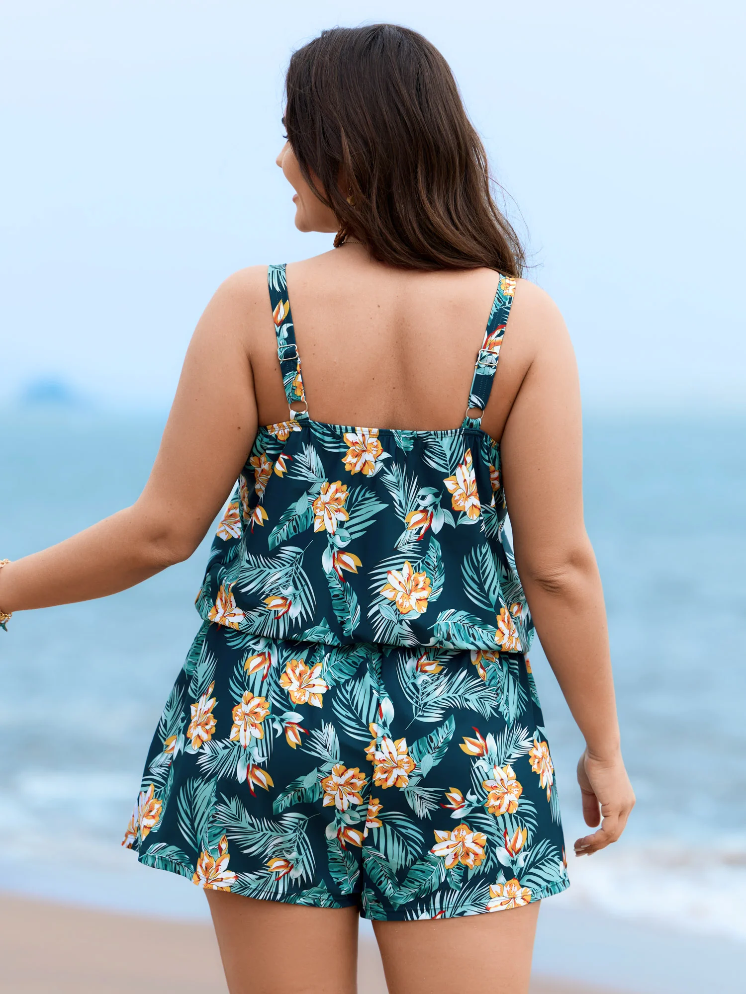 Tropical Flower Print Pockets One-Piece Swimsuit - Image 78