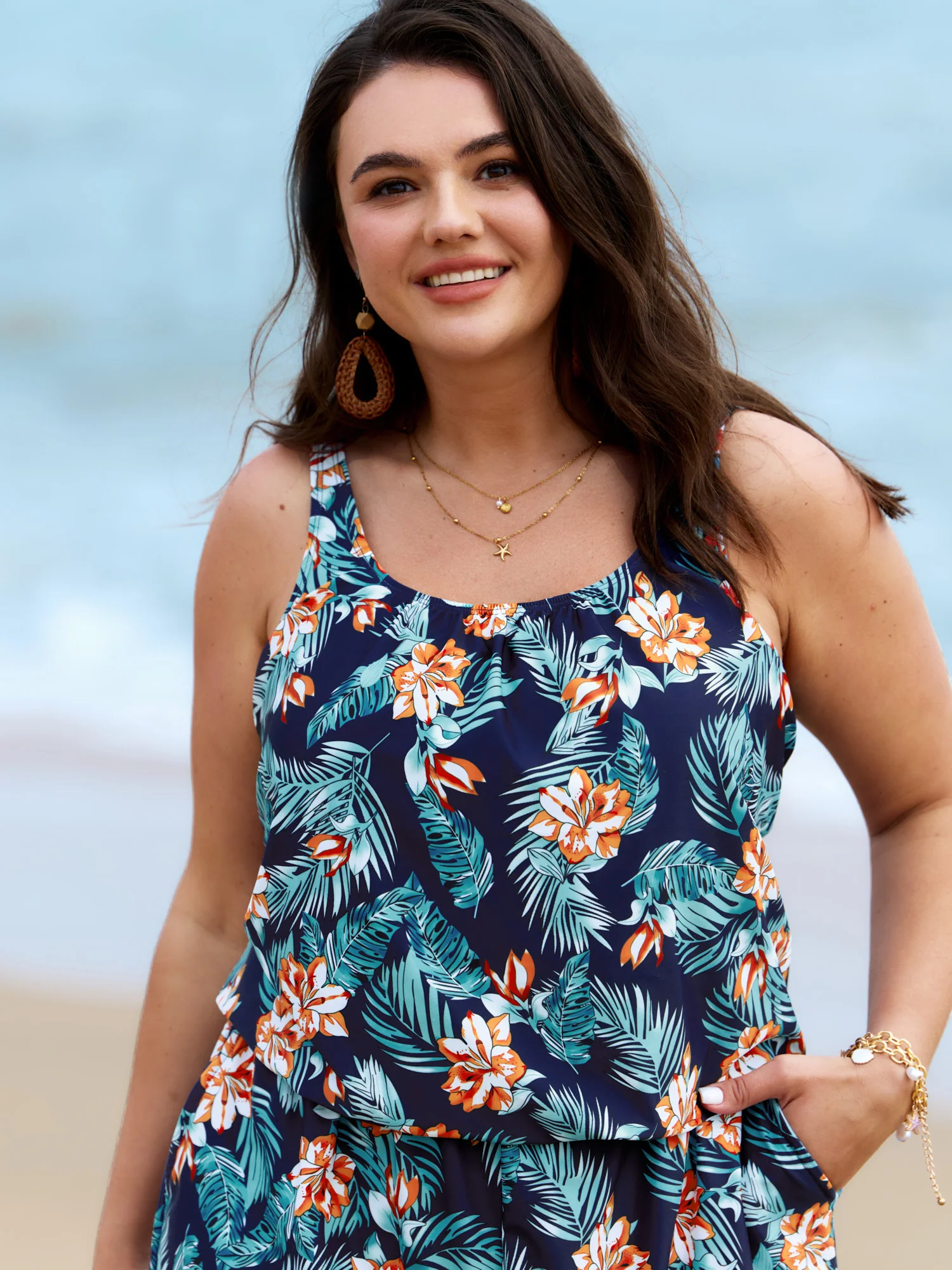 Tropical Flower Print Pockets One-Piece Swimsuit - Image 83