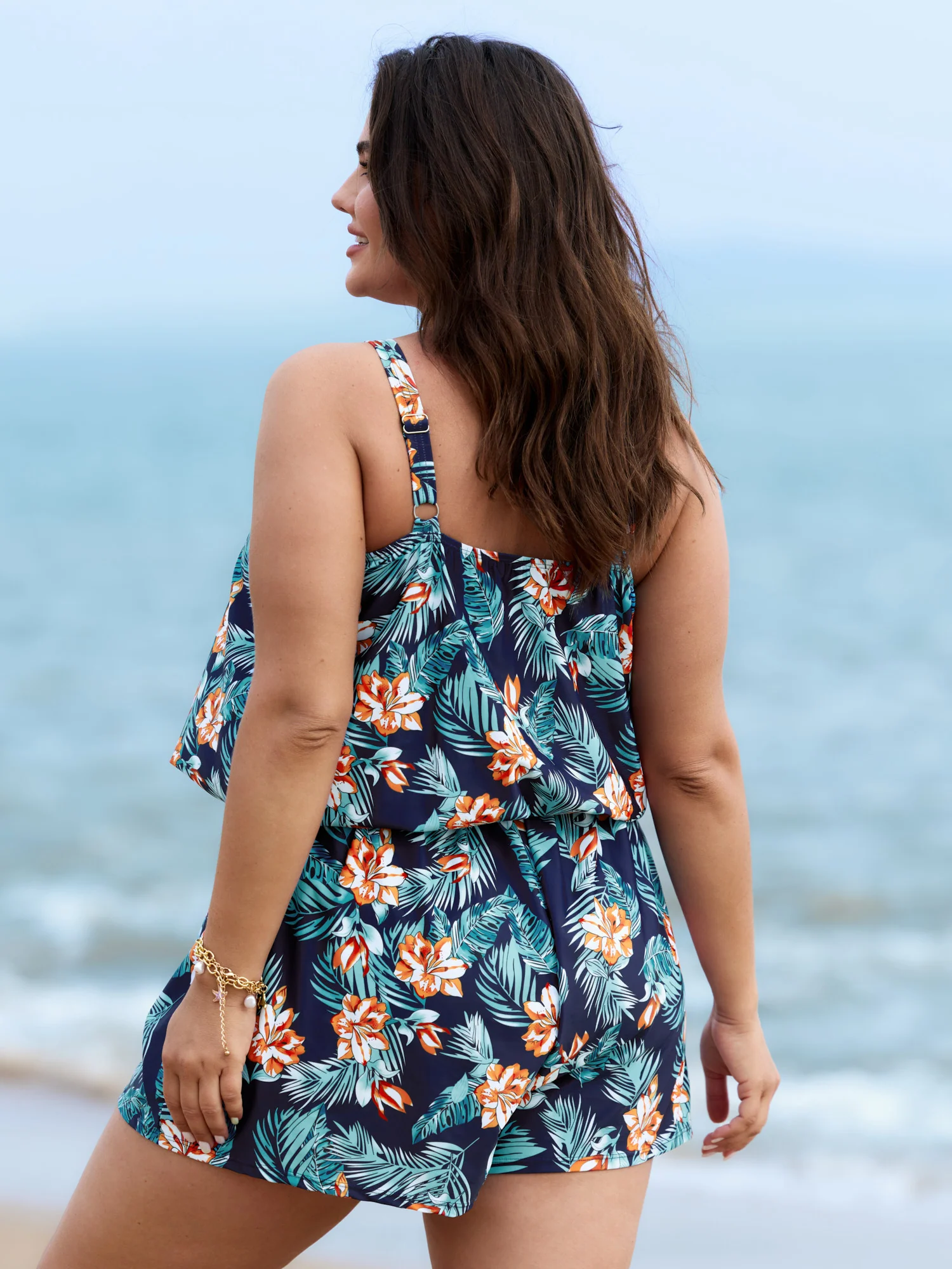 Tropical Flower Print Pockets One-Piece Swimsuit - Image 87