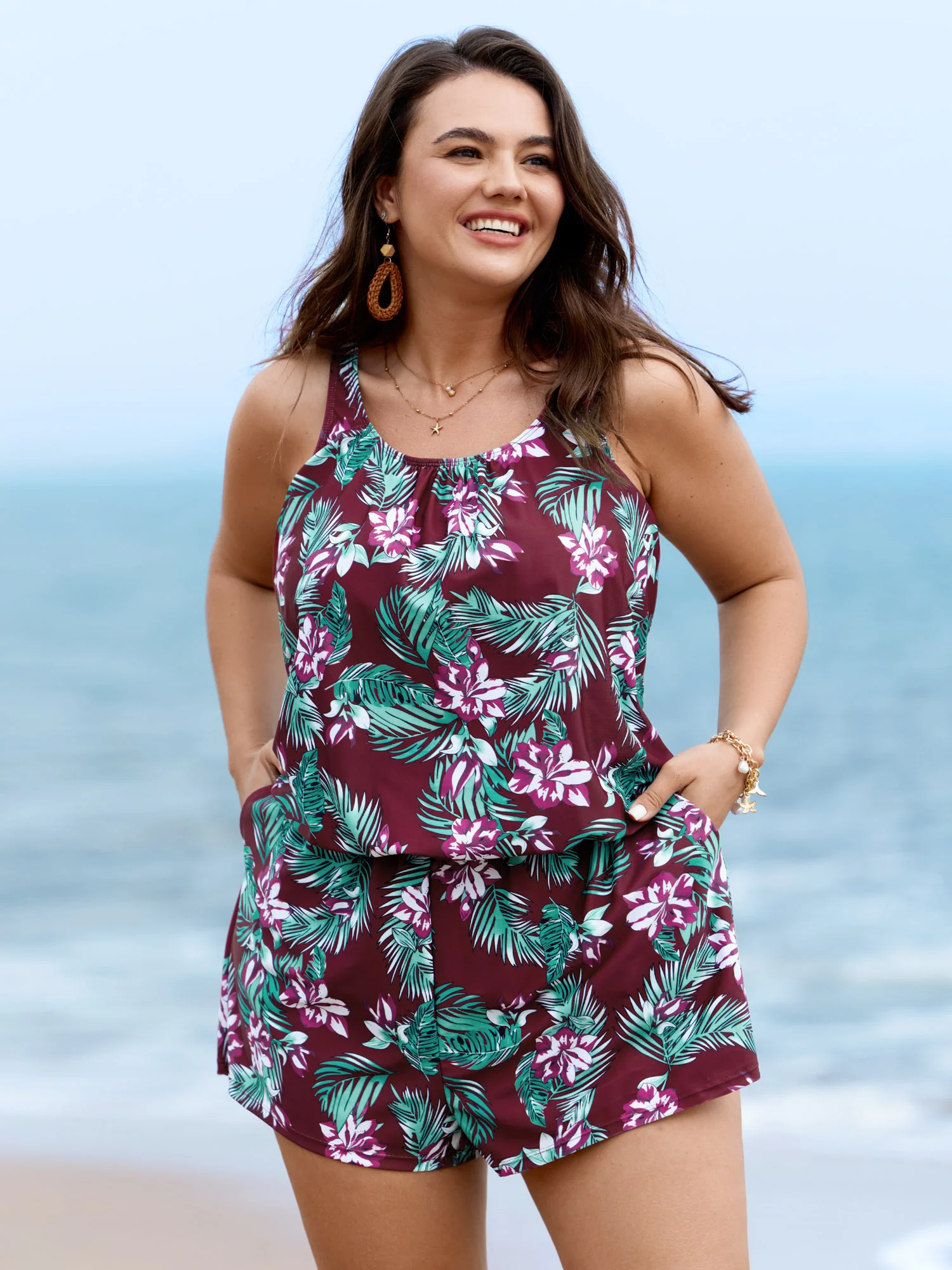 Tropical Flower Print Pockets One-Piece Swimsuit - Image 91