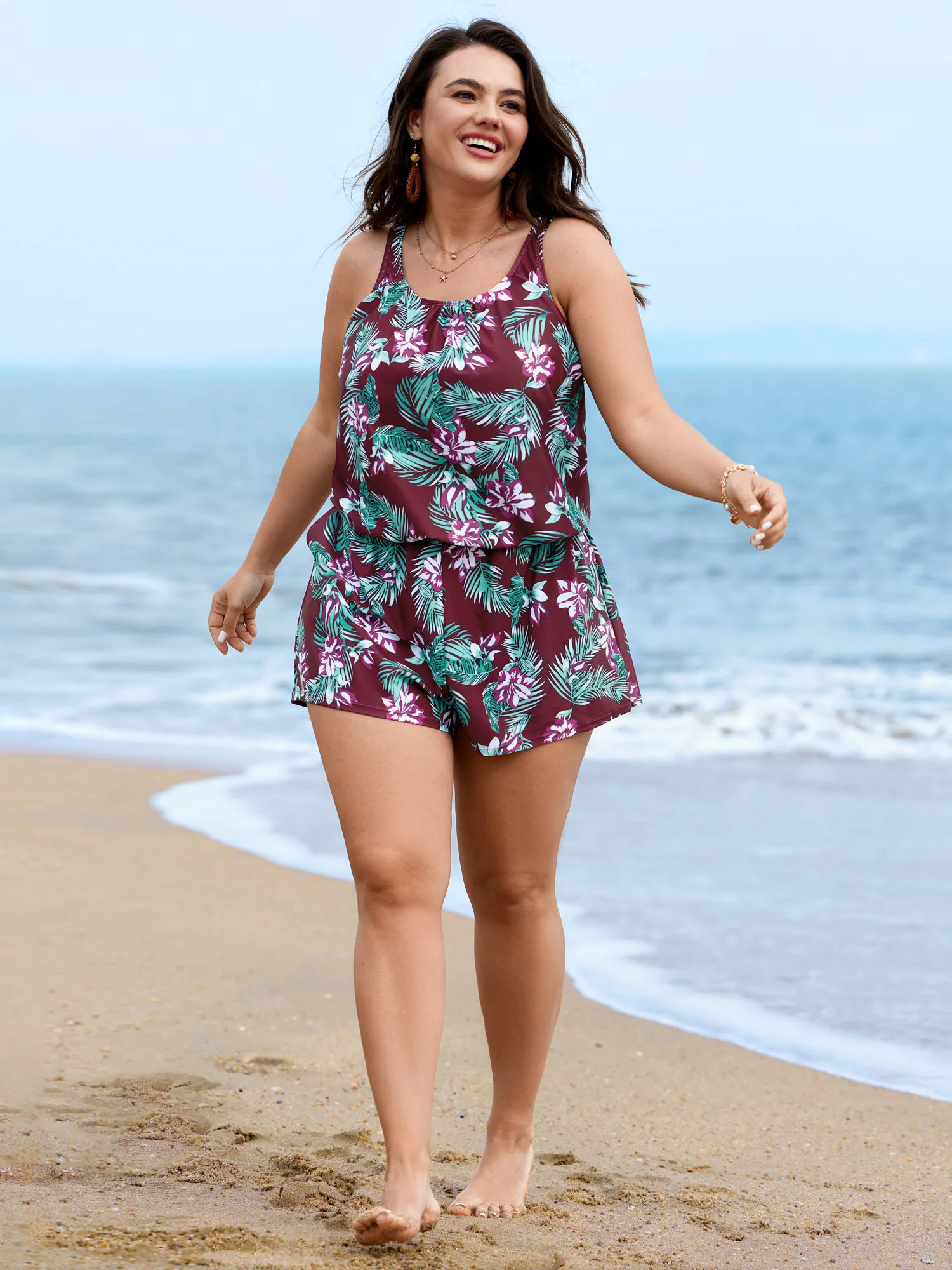 Tropical Flower Print Pockets One-Piece Swimsuit - Image 93