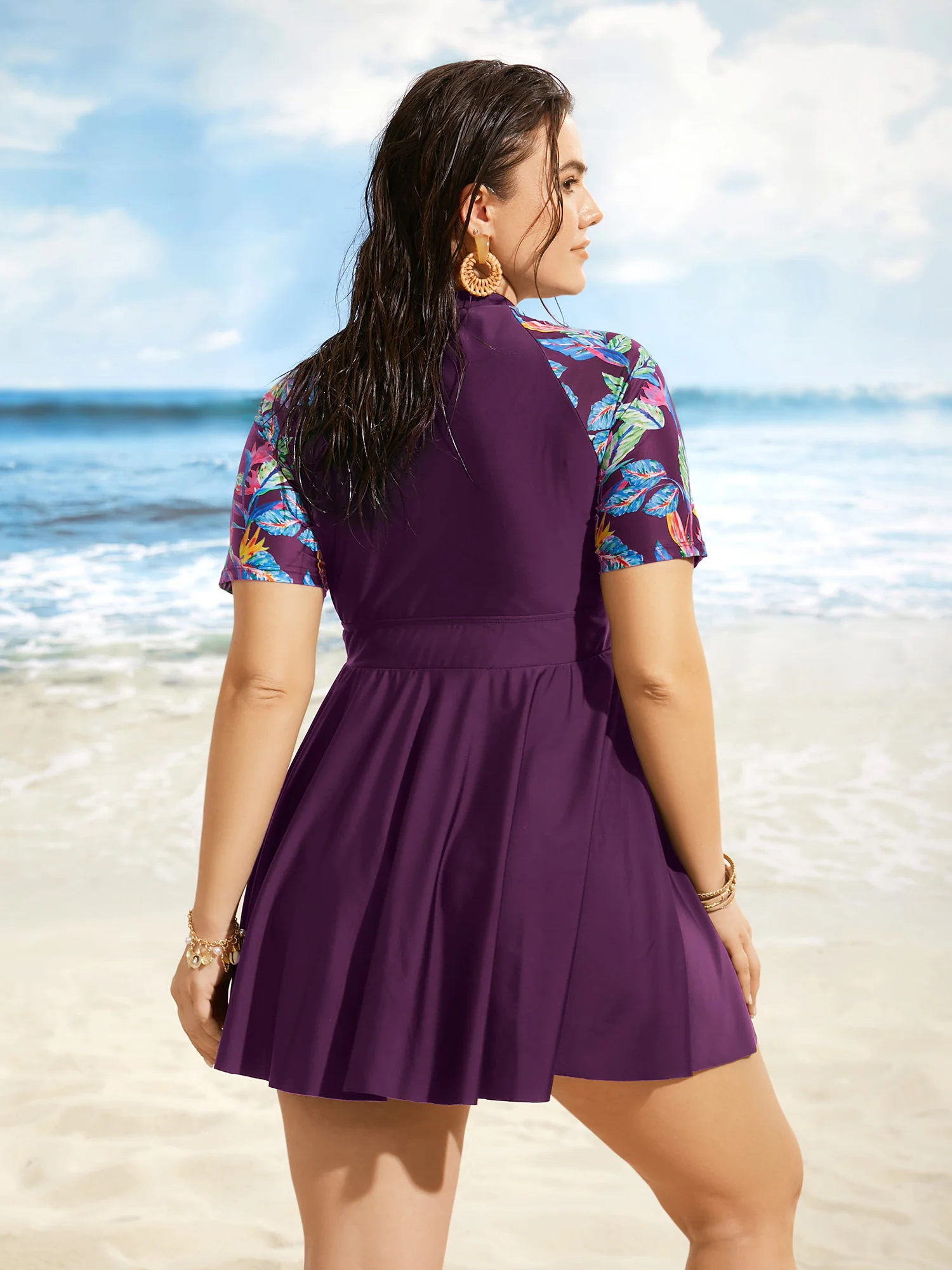 Tropical Print Half Zip Raglan Sleeve Swim Dress - Image 12