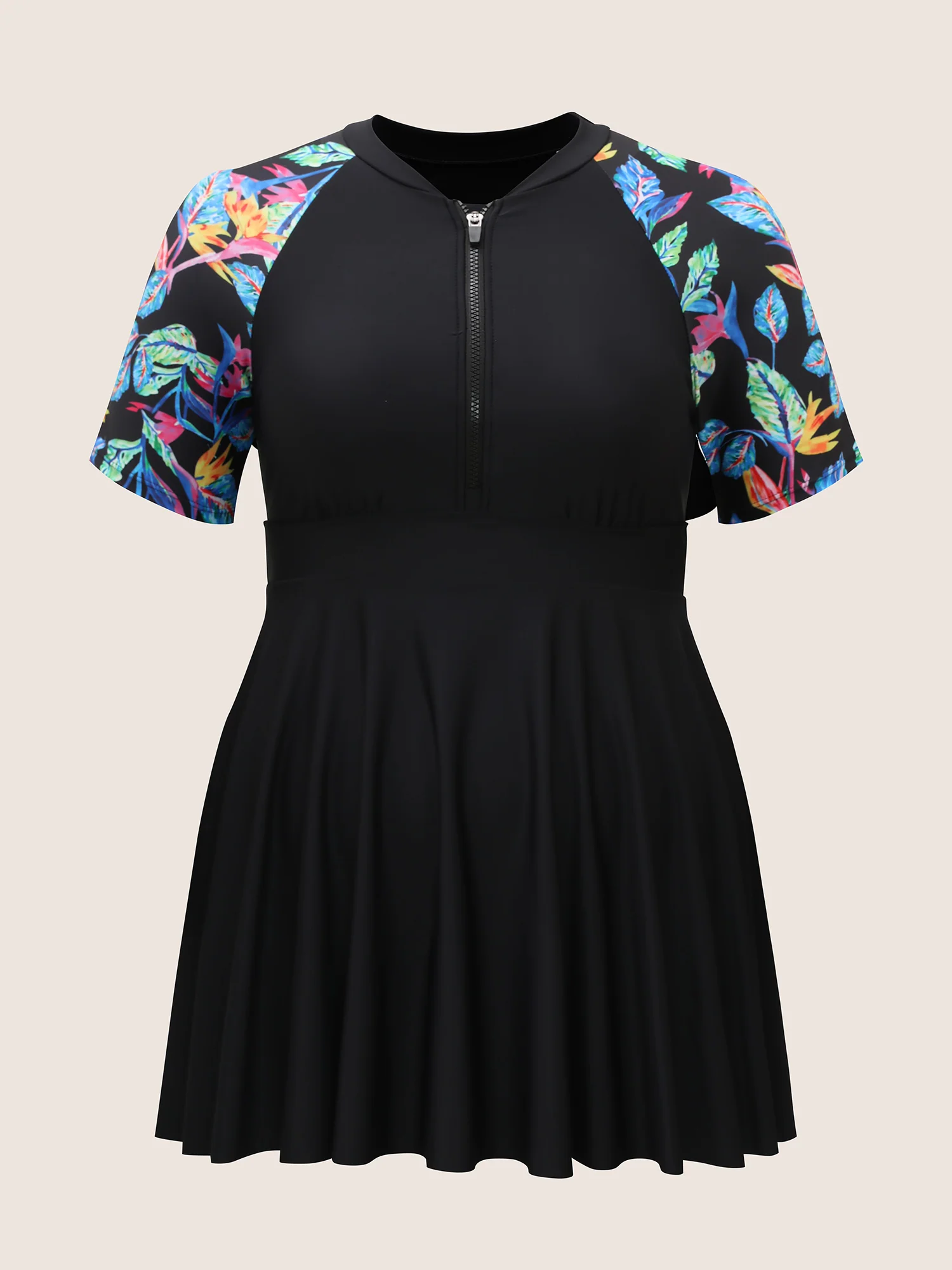 Tropical Print Half Zip Raglan Sleeve Swim Dress - Image 7