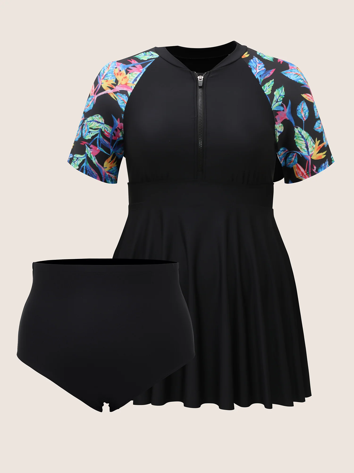 Tropical Print Half Zip Raglan Sleeve Swim Dress - Image 8