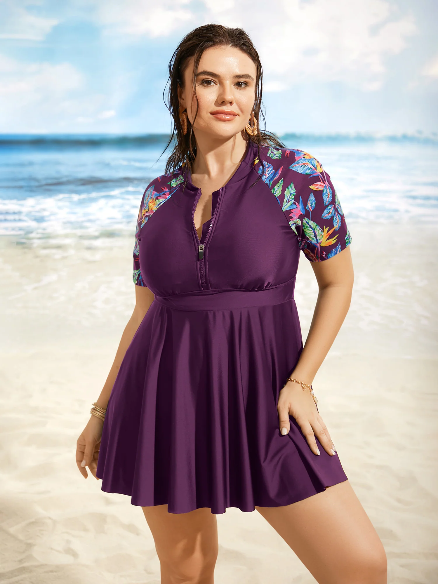 Tropical Print Half Zip Raglan Sleeve Swim Dress - Image 9