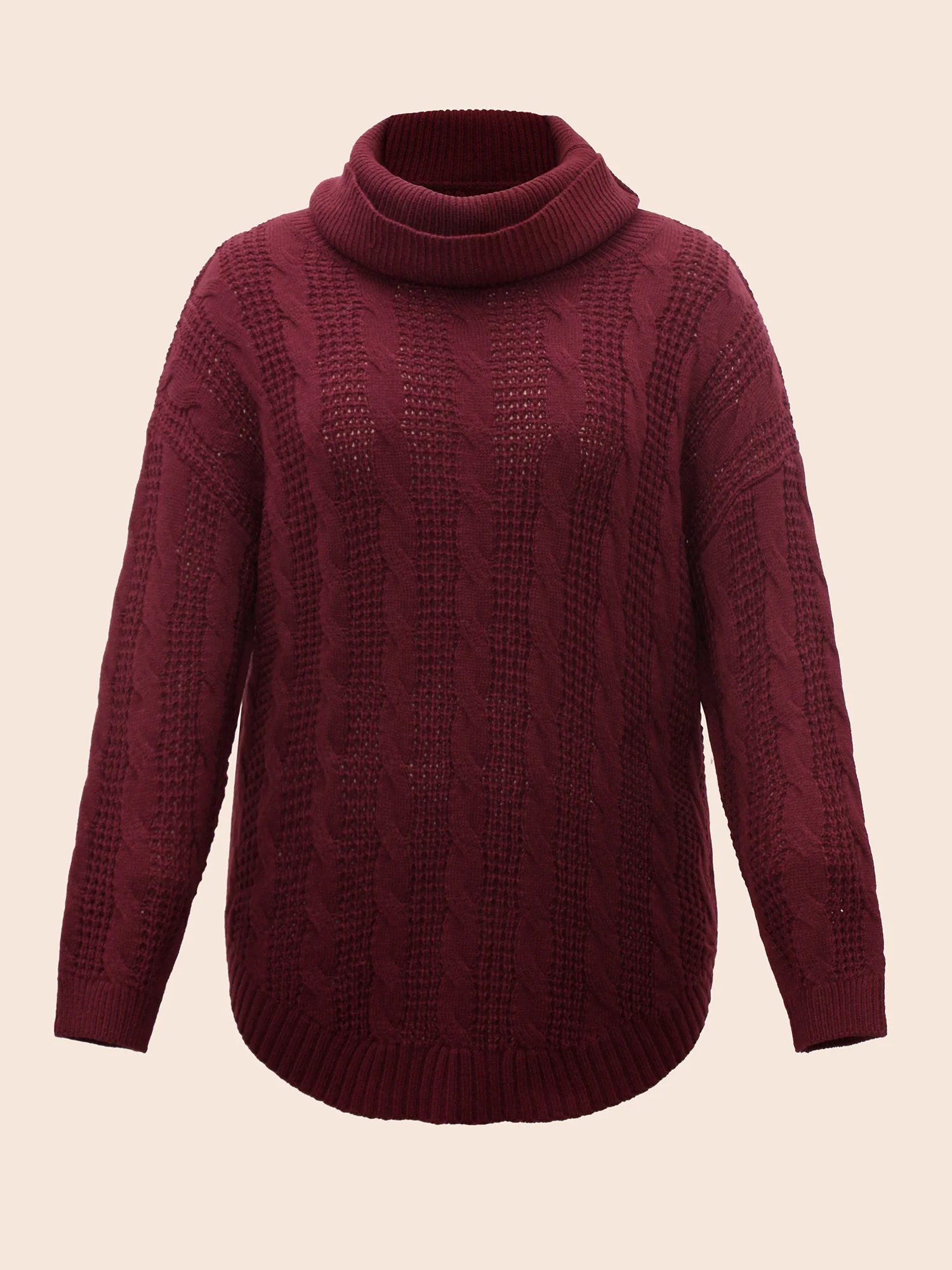 Turtleneck Cable Knit Curved Hem Pullover - Image 12