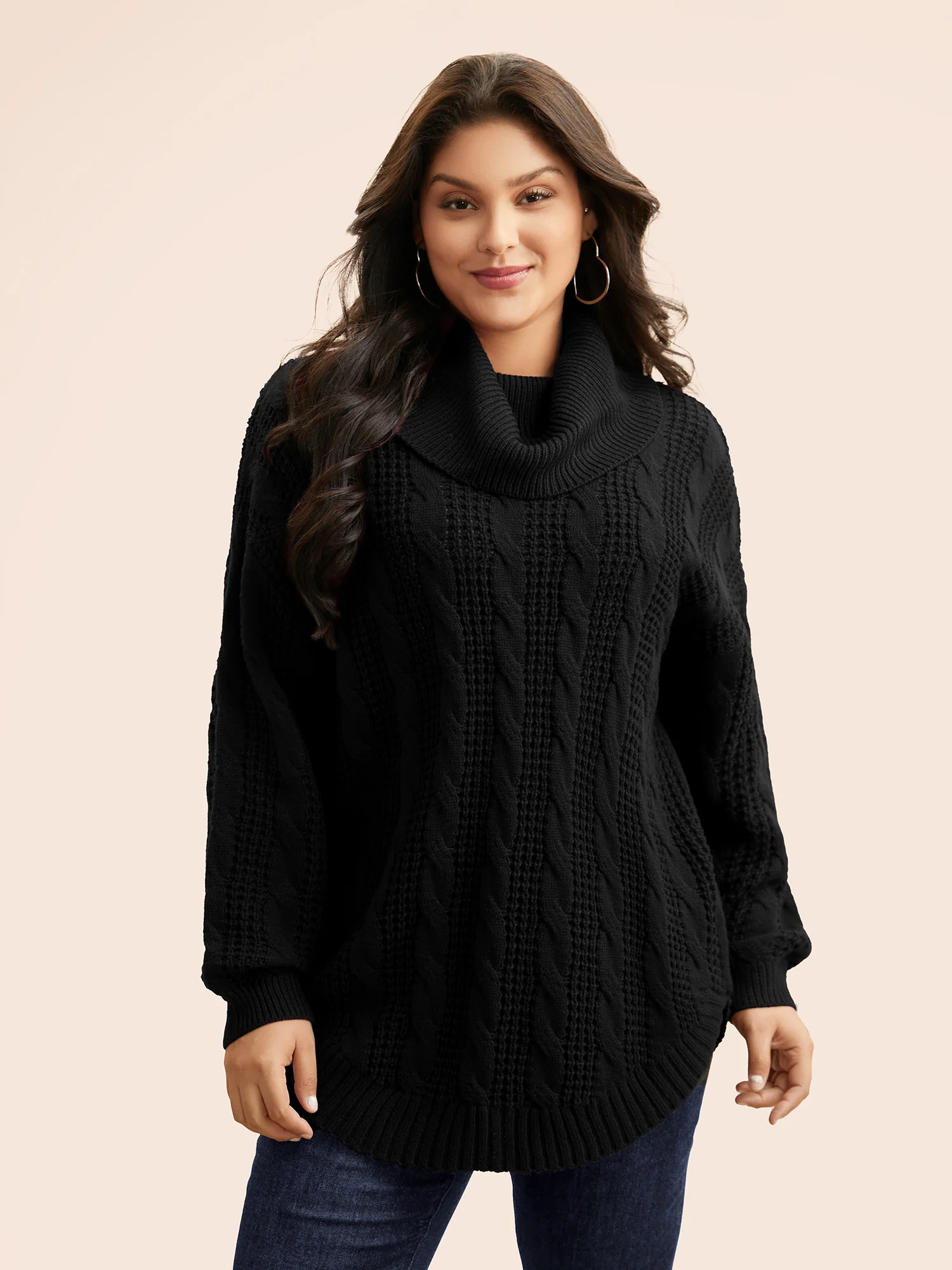 Turtleneck Cable Knit Curved Hem Pullover - Image 15