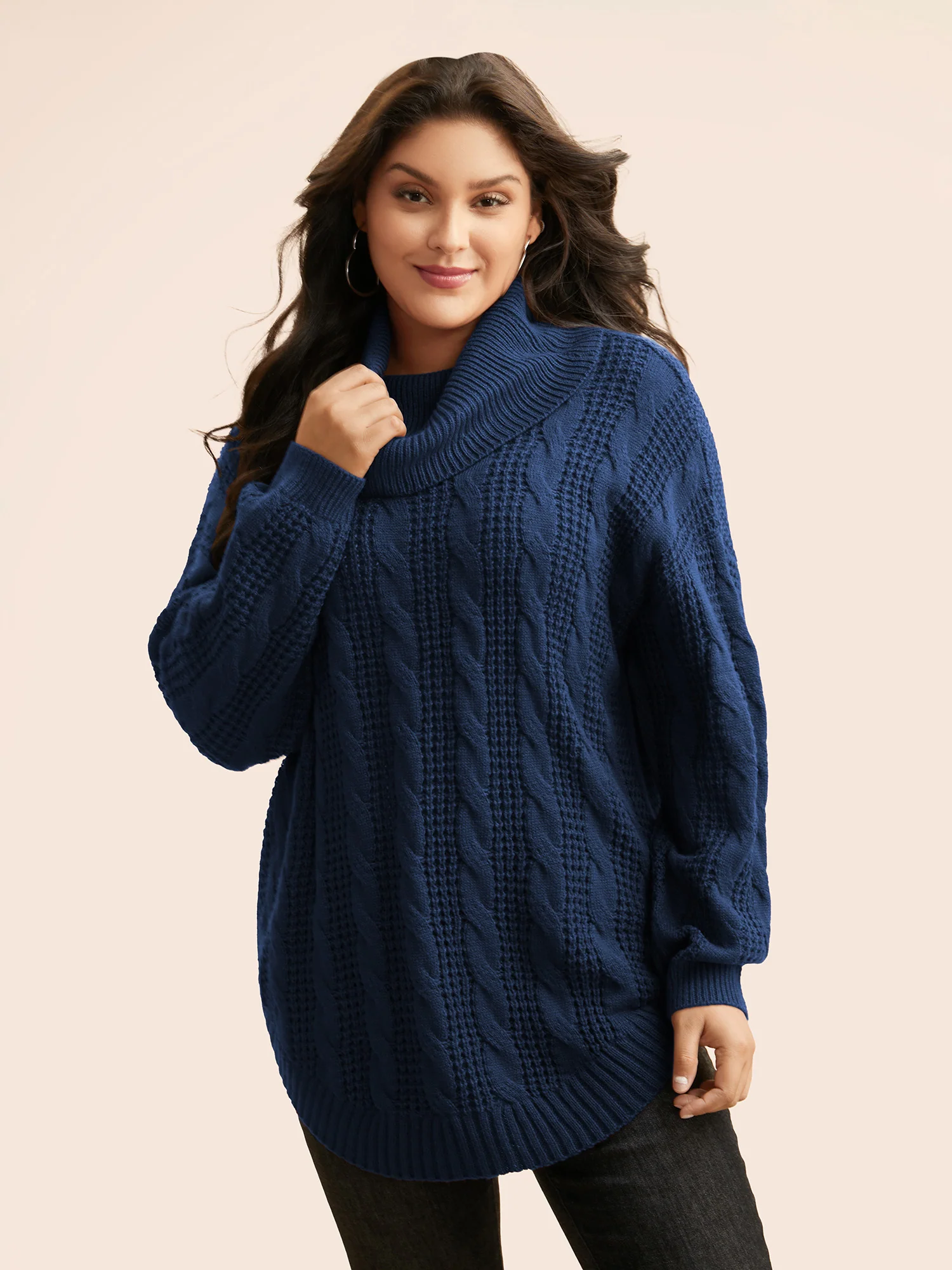 Turtleneck Cable Knit Curved Hem Pullover - Image 3