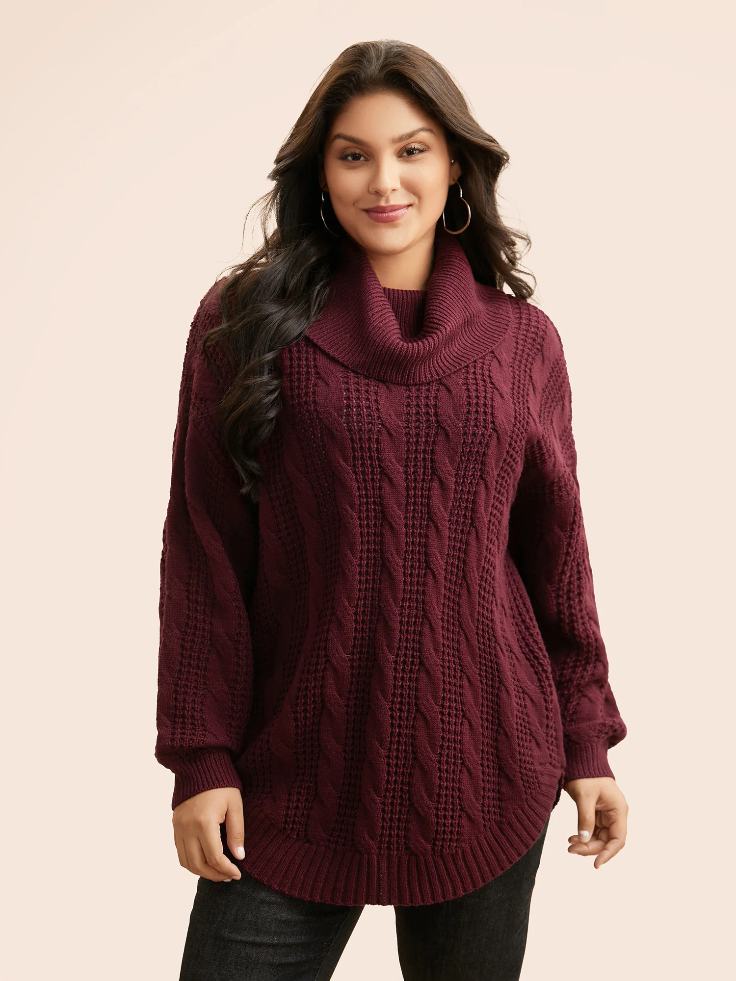 Turtleneck Cable Knit Curved Hem Pullover - Image 5