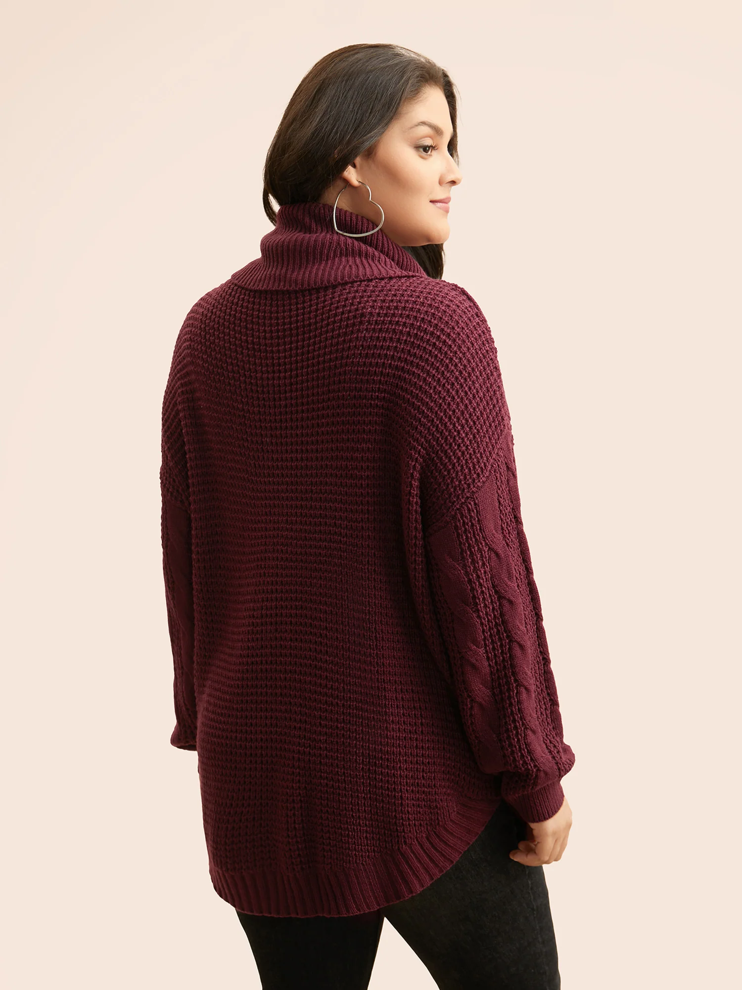 Turtleneck Cable Knit Curved Hem Pullover - Image 6