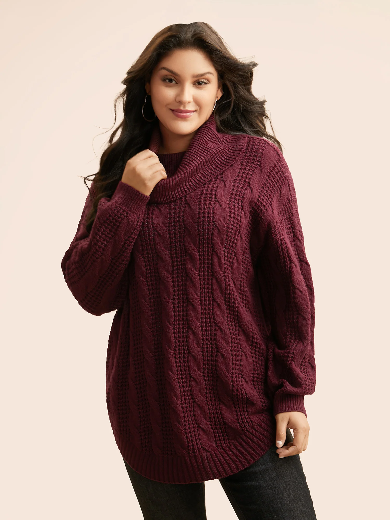 Turtleneck Cable Knit Curved Hem Pullover - Image 7