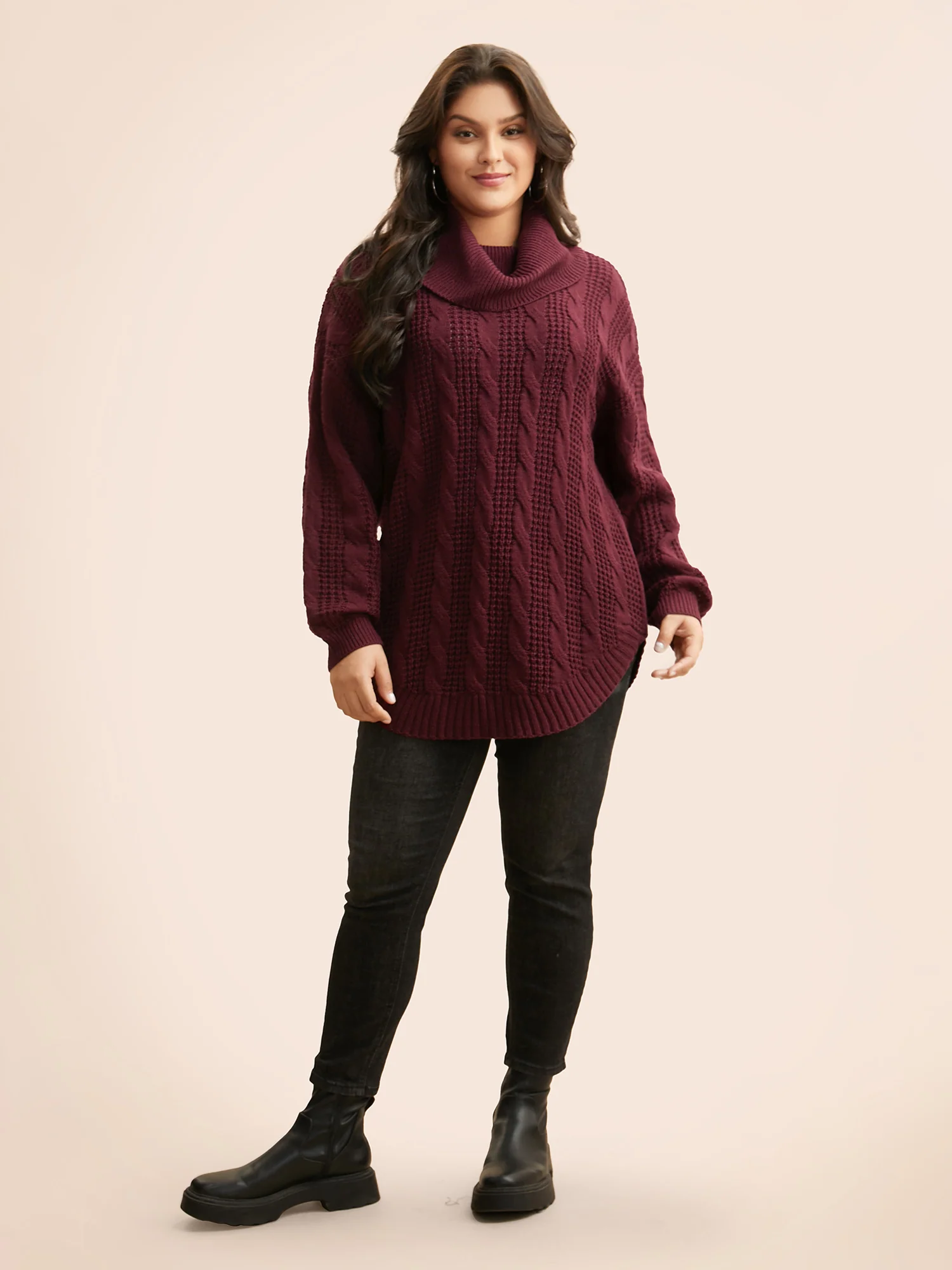 Turtleneck Cable Knit Curved Hem Pullover - Image 8