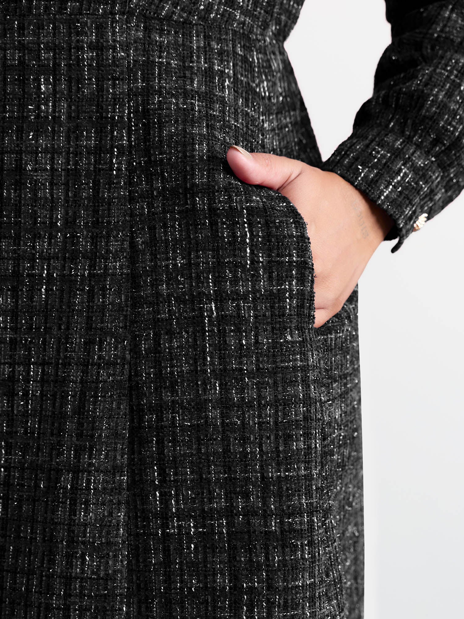 Tweed Metal Button Stretchy Waist Knee Dress - Image 12
