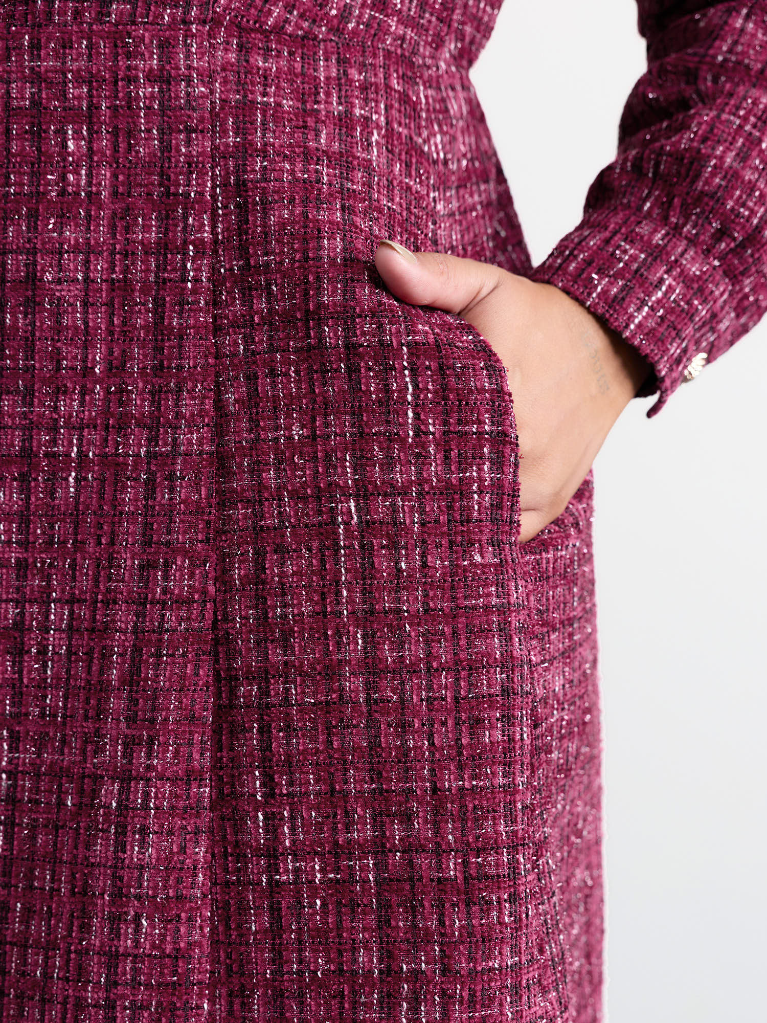Tweed Metal Button Stretchy Waist Knee Dress - Image 4