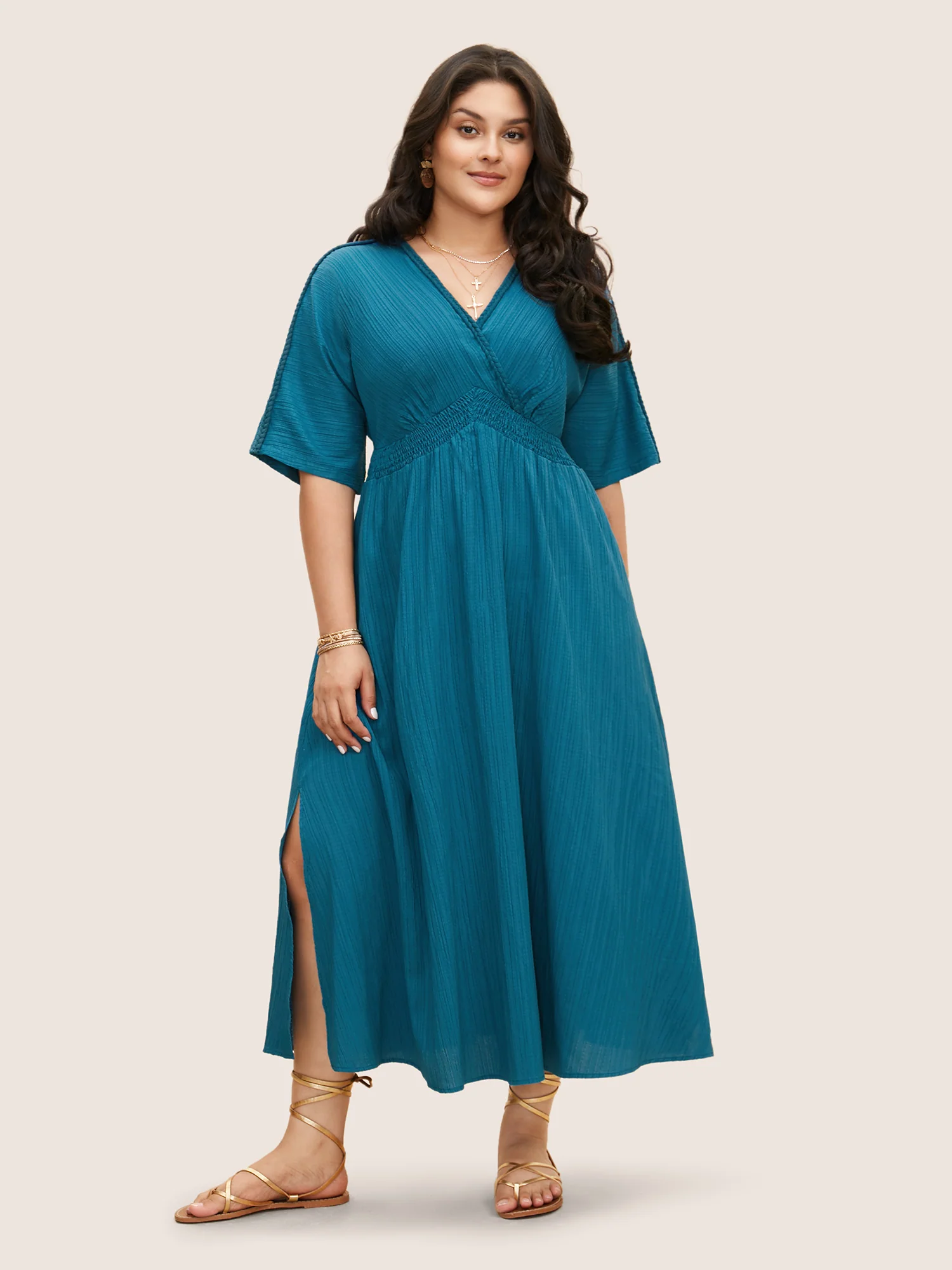 V Neck Shirred Contrast Webbing Split Side Dress - Image 11