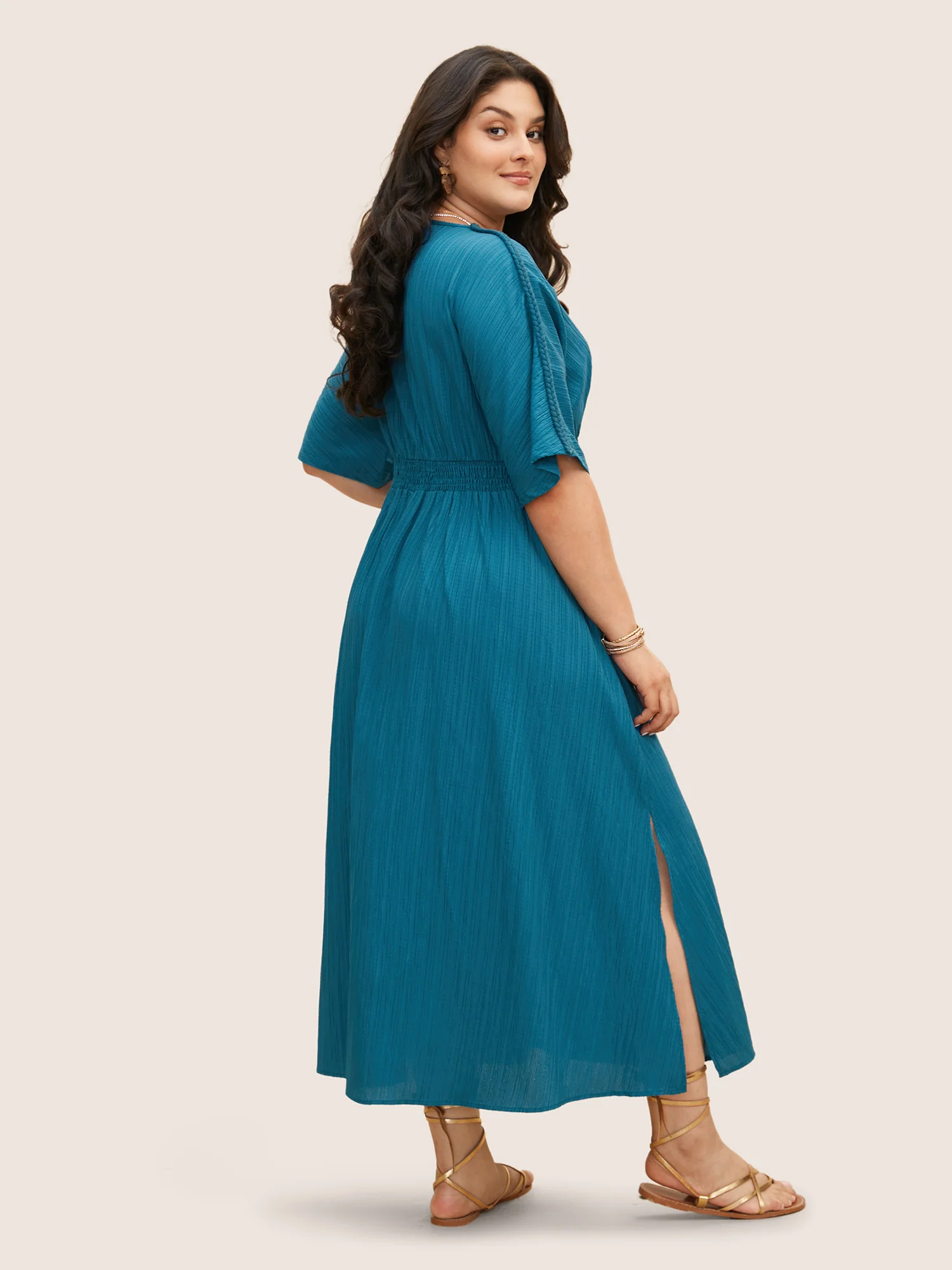 V Neck Shirred Contrast Webbing Split Side Dress - Image 12