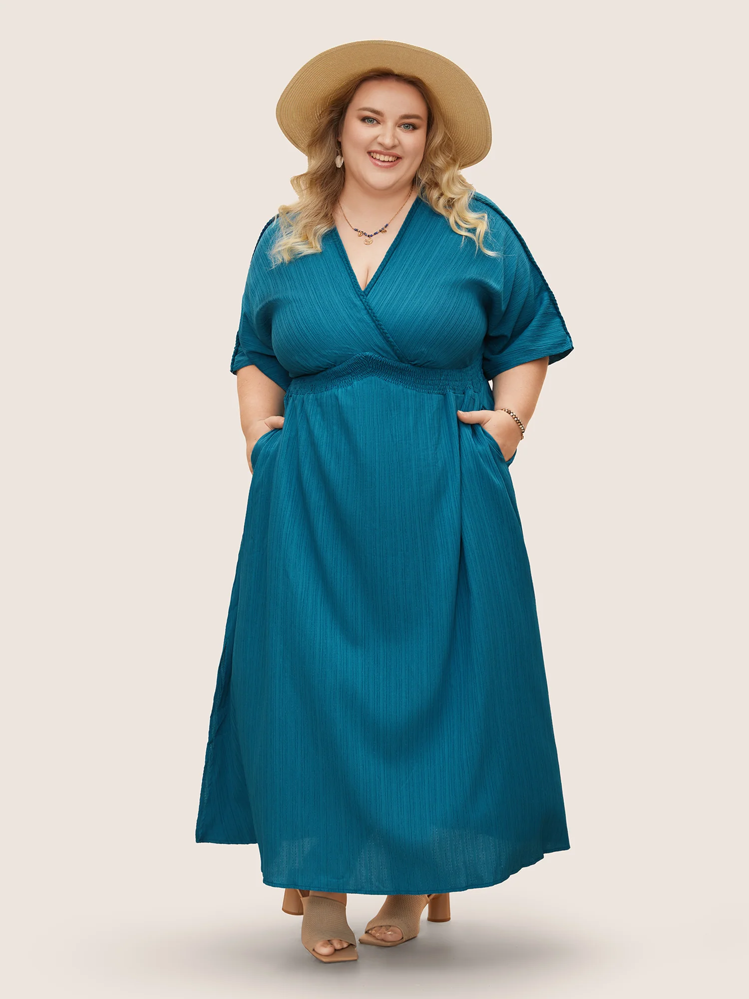 V Neck Shirred Contrast Webbing Split Side Dress - Image 16