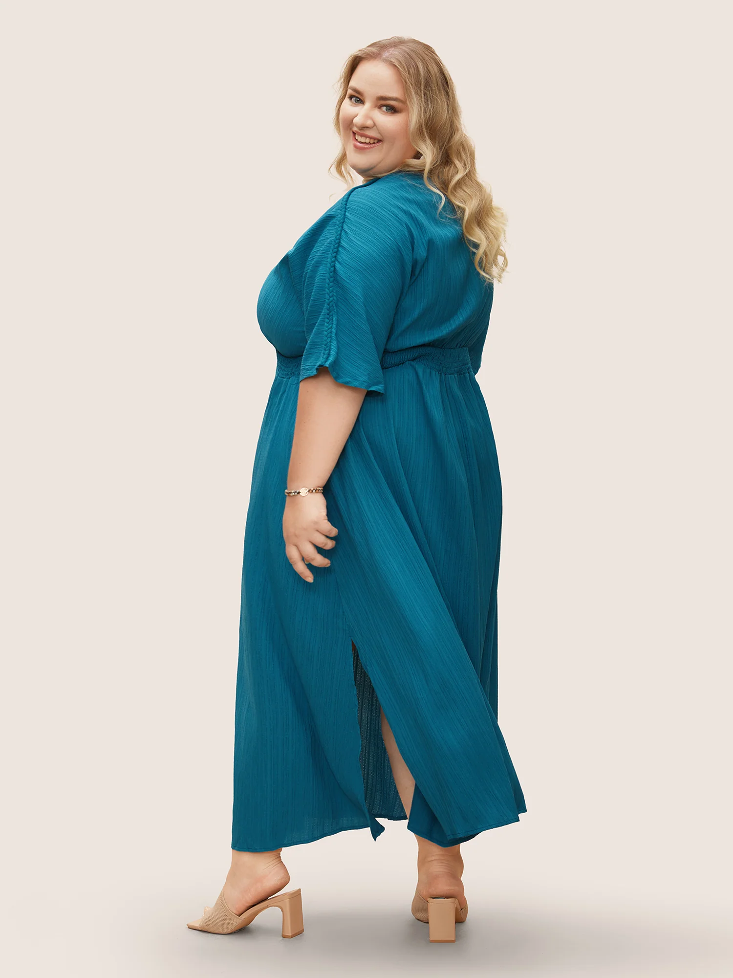 V Neck Shirred Contrast Webbing Split Side Dress - Image 19