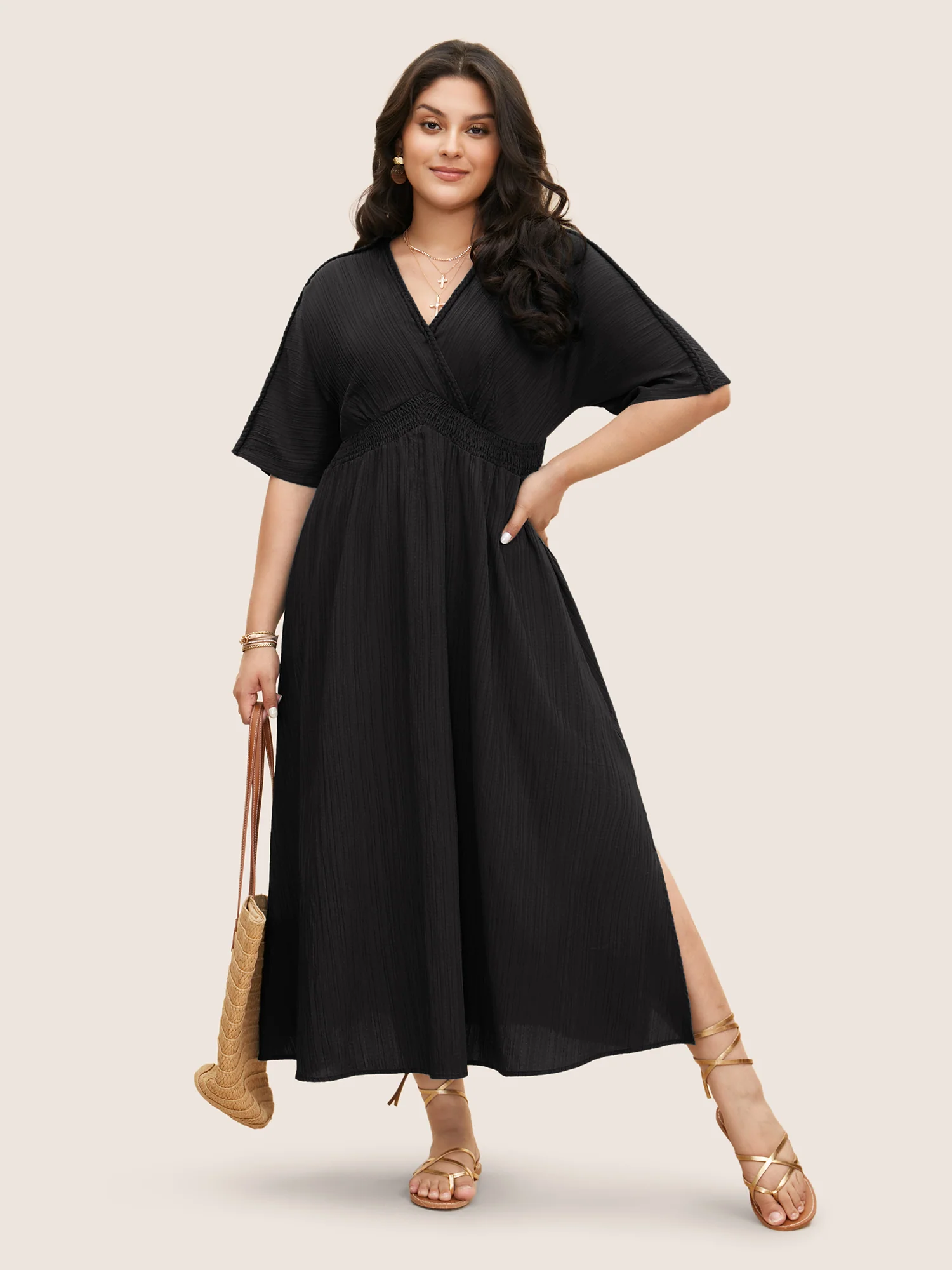 V Neck Shirred Contrast Webbing Split Side Dress - Image 5