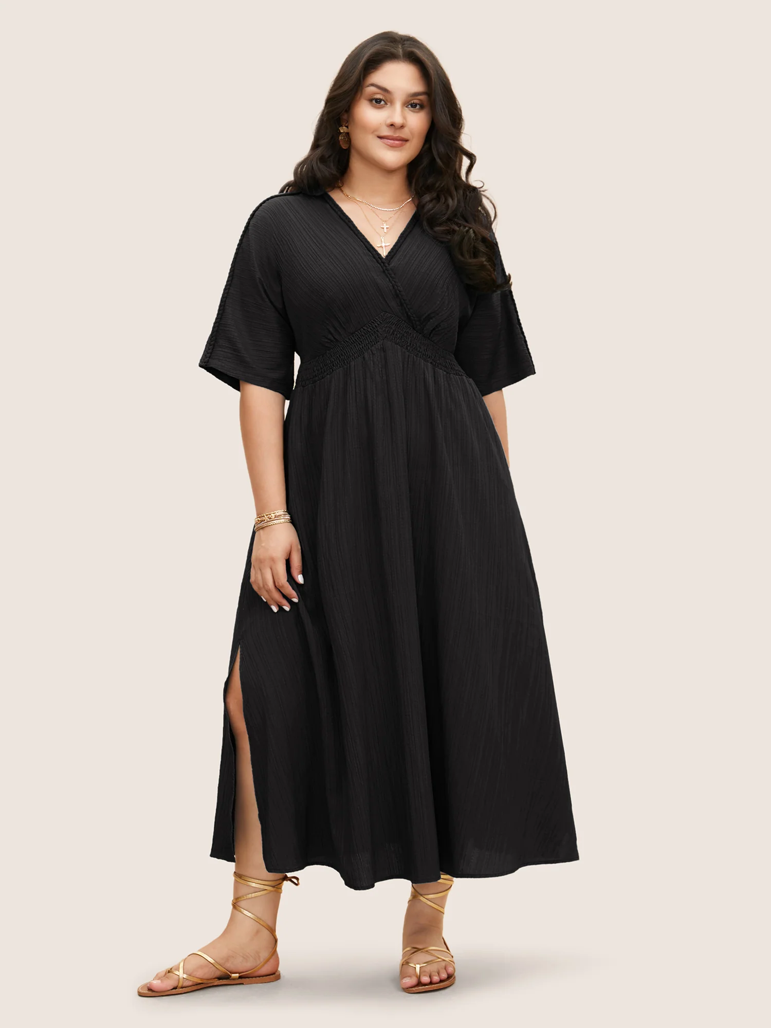 V Neck Shirred Contrast Webbing Split Side Dress - Image 6