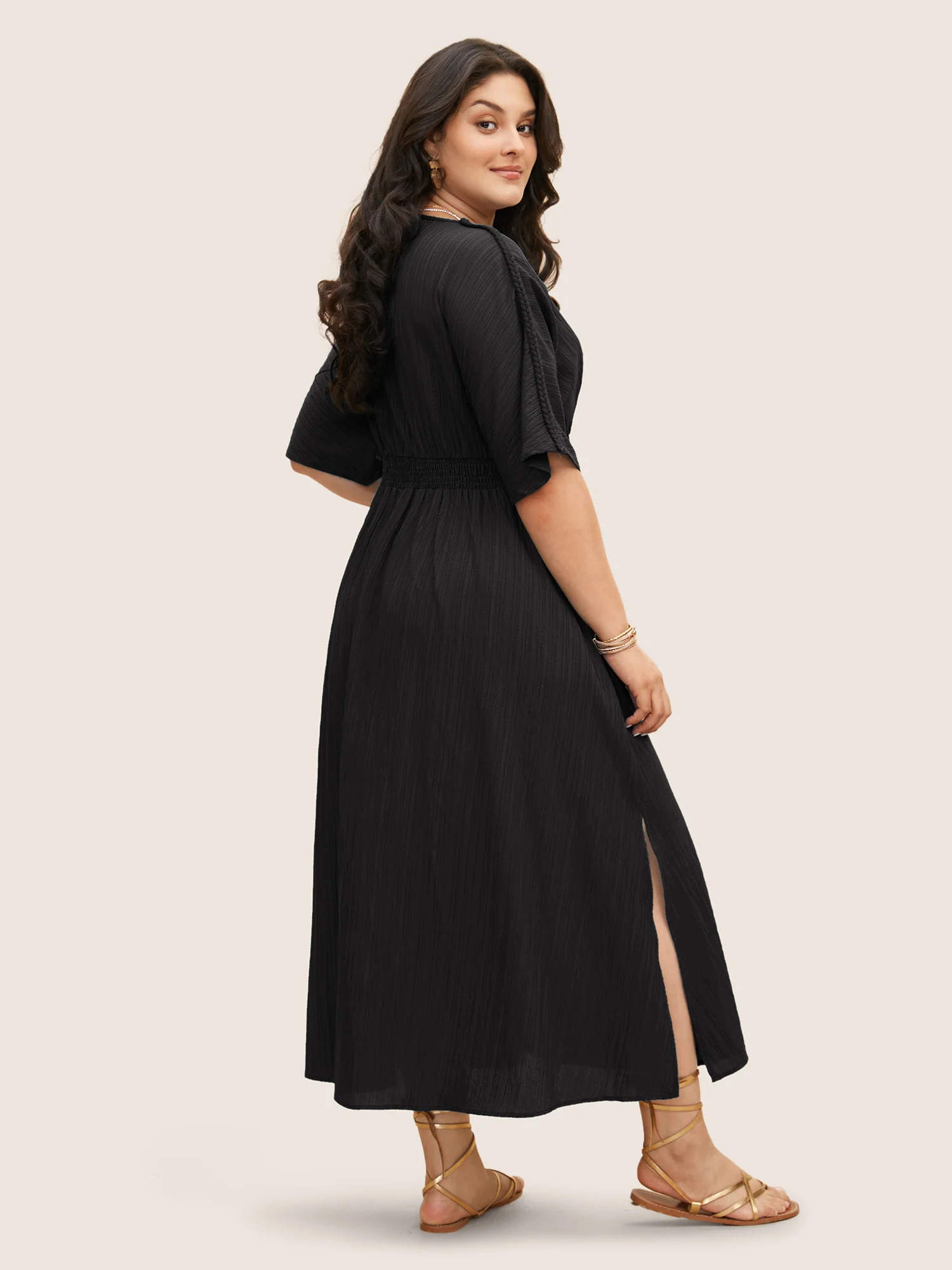 V Neck Shirred Contrast Webbing Split Side Dress - Image 8