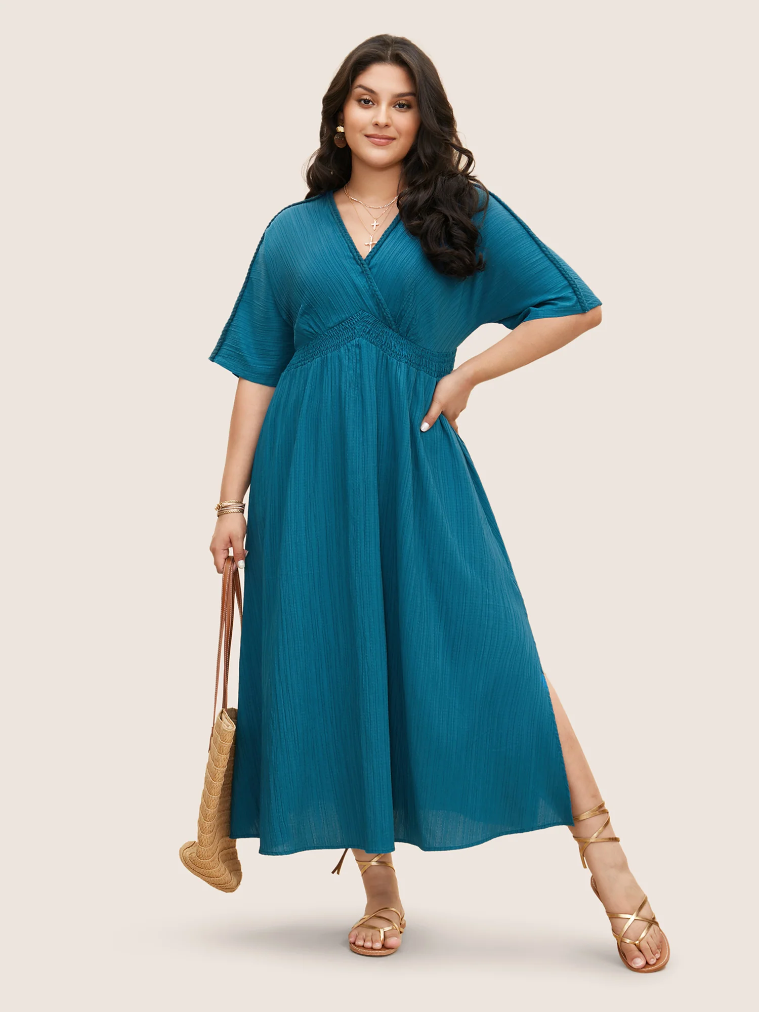V Neck Shirred Contrast Webbing Split Side Dress - Image 9